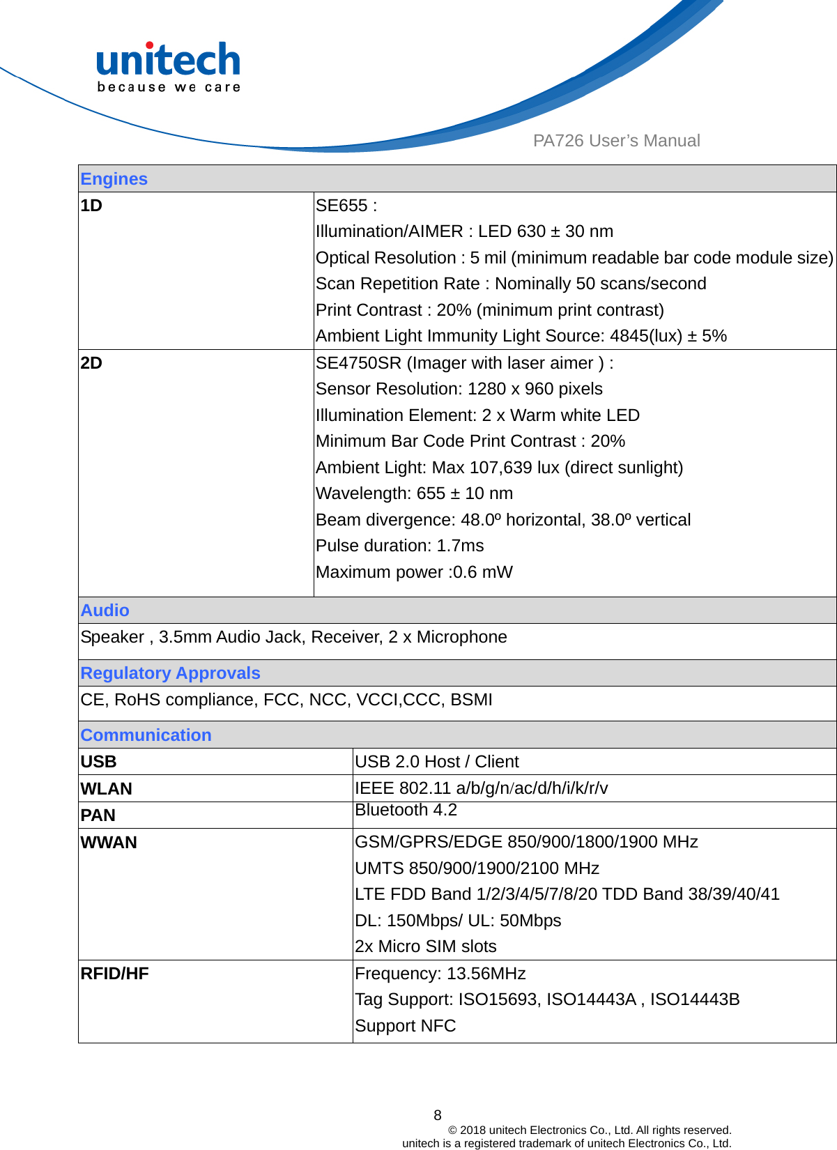  8                                         © 2018 unitech Electronics Co., Ltd. All rights reserved.                                             unitech is a registered trademark of unitech Electronics Co., Ltd. PA726 User’s Manual Engines 1D SE655 :   Illumination/AIMER : LED 630 ± 30 nm Optical Resolution : 5 mil (minimum readable bar code module size) Scan Repetition Rate : Nominally 50 scans/second Print Contrast : 20% (minimum print contrast) Ambient Light Immunity Light Source: 4845(lux) ± 5% 2D  SE4750SR (Imager with laser aimer ) : Sensor Resolution: 1280 x 960 pixels Illumination Element: 2 x Warm white LED   Minimum Bar Code Print Contrast : 20% Ambient Light: Max 107,639 lux (direct sunlight) Wavelength: 655 ± 10 nm Beam divergence: 48.0º horizontal, 38.0º vertical Pulse duration: 1.7ms Maximum power :0.6 mW Audio   Speaker , 3.5mm Audio Jack, Receiver, 2 x Microphone   Regulatory Approvals CE, RoHS compliance, FCC, NCC, VCCI,CCC, BSMI Communication USB  USB 2.0 Host / Client WLAN  IEEE 802.11 a/b/g/n/ac/d/h/i/k/r/v PAN  Bluetooth 4.2 WWAN  GSM/GPRS/EDGE 850/900/1800/1900 MHz UMTS 850/900/1900/2100 MHz LTE FDD Band 1/2/3/4/5/7/8/20 TDD Band 38/39/40/41 DL: 150Mbps/ UL: 50Mbps 2x Micro SIM slots RFID/HF   Frequency: 13.56MHz Tag Support: ISO15693, ISO14443A , ISO14443B Support NFC 