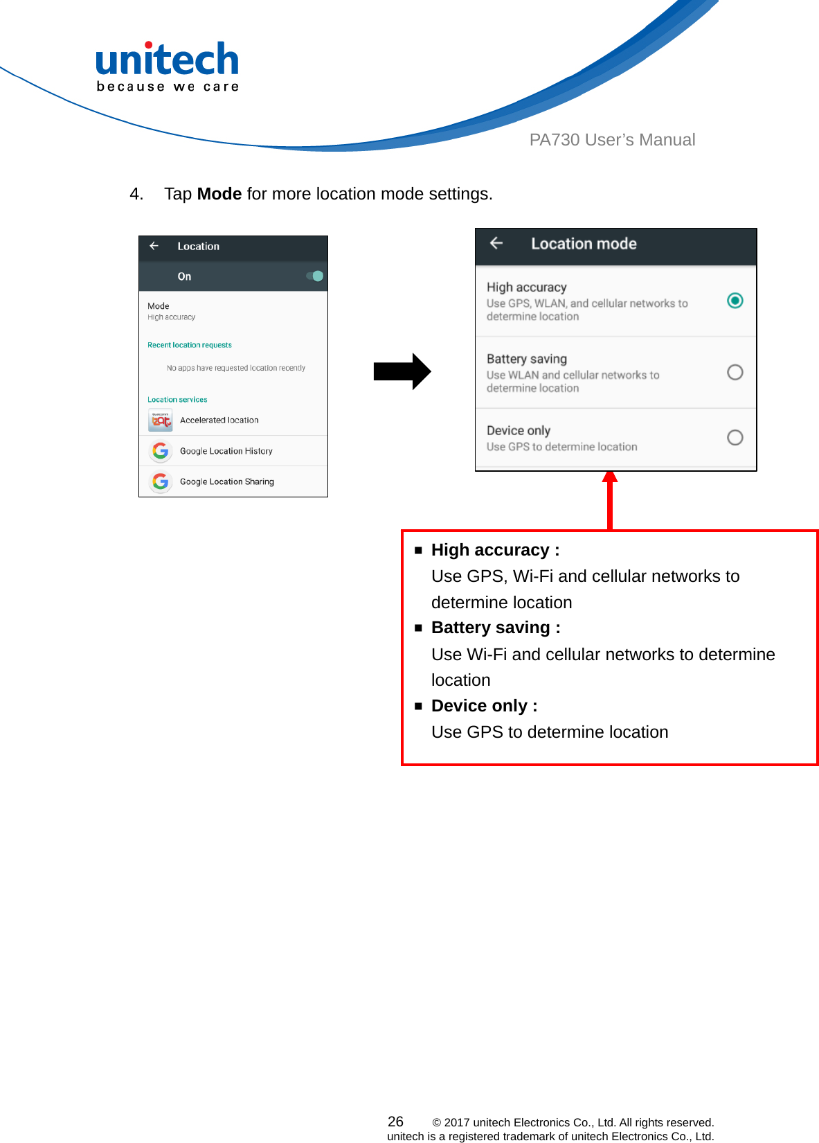  PA730 User’s Manual  4. Tap Mode for more location mode settings.  26    © 2017 unitech Electronics Co., Ltd. All rights reserved.   unitech is a registered trademark of unitech Electronics Co., Ltd.            ￭  High accuracy :     Use GPS, Wi-Fi and cellular networks to determine location ￭  Battery saving : Use Wi-Fi and cellular networks to determine location ￭  Device only : Use GPS to determine location 