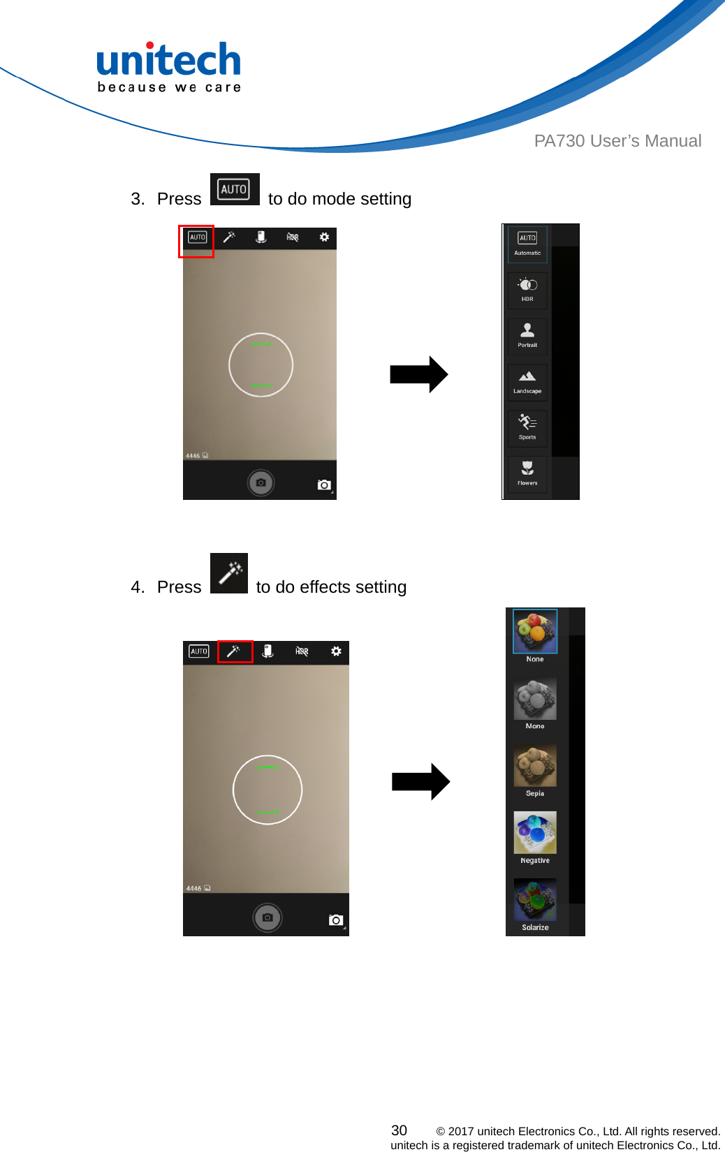  PA730 User’s Manual 3. Press    to do mode setting 30    © 2017 unitech Electronics Co., Ltd. All rights reserved.   unitech is a registered trademark of unitech Electronics Co., Ltd.                       4. Press    to do effects setting                         