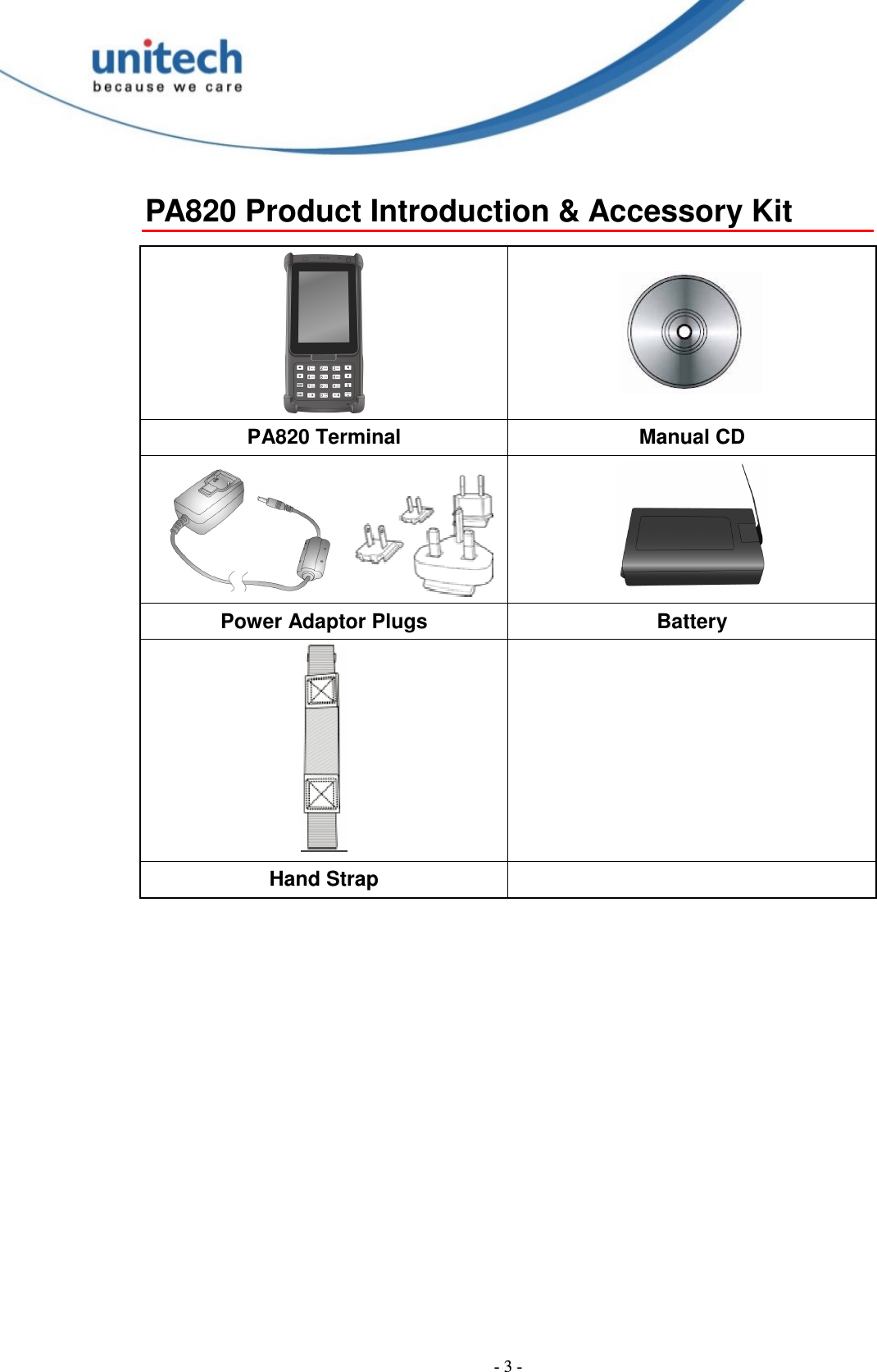  - 3 - PA820 Product Introduction &amp; Accessory Kit    PA820 Terminal Manual CD   Power Adaptor Plugs Battery   Hand Strap    