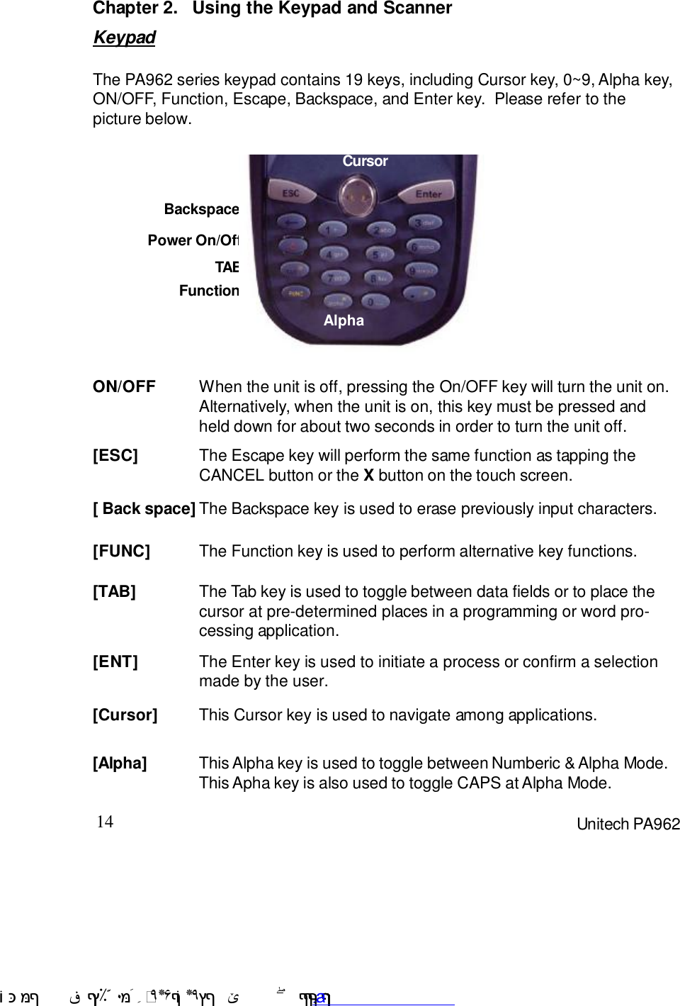 14 Unitech PA962Chapter 2.Using the Keypad and ScannerKeypadThe PA962 series keypad contains 19 keys, including Cursor key, 0~9, Alpha key,ON/OFF, Function, Escape, Backspace, and Enter key.  Please refer to thepicture below.[ENT] The Enter key is used to initiate a process or confirm a selectionmade by the user.[TAB] The Tab key is used to toggle between data fields or to place thecursor at pre-determined places in a programming or word pro-cessing application.[FUNC] The Function key is used to perform alternative key functions.[ Back space] The Backspace key is used to erase previously input characters.[ESC] The Escape key will perform the same function as tapping theCANCEL button or the X button on the touch screen.ON/OFF When the unit is off, pressing the On/OFF key will turn the unit on.Alternatively, when the unit is on, this key must be pressed andheld down for about two seconds in order to turn the unit off.[Alpha] This Alpha key is used to toggle between Numberic &amp; Alpha Mode.This Apha key is also used to toggle CAPS at Alpha Mode.BackspacePower On/OffTABFunction[Cursor] This Cursor key is used to navigate among applications.AlphaCursor !$&amp;  &apos;&amp;)*+,$-./012&amp; 10)&amp; 3  5&amp;&amp;&amp;;&amp;&amp;&amp;&amp;&amp;&amp;&amp;www.pdffactory.com