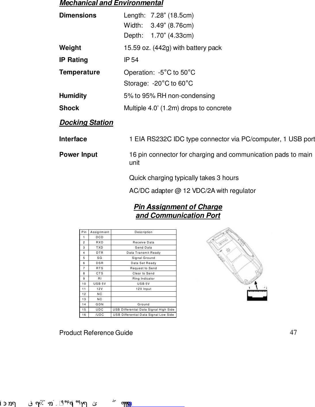 47Product Reference GuidePin Assignment of Chargeand Communication PortMechanical and EnvironmentalShock Multiple 4.07 (1.2m) drops to concrete5% to 95% RH non-condensingHumidityWeight 15.59 oz. (442g) with battery pack1.709 (4.33cm)Depth:Width: 3.499 (8.76cm)Dimensions 7.289 (18.5cm)Length:Storage:  -20EC to 60ECTemperature Operation:  -5EC to 50ECDocking StationQuick charging typically takes 3 hoursAC/DC adapter @ 12 VDC/2A with regulatorPower Input 16 pin connector for charging and communication pads to mainunitInterface 1 EIA RS232C IDC type connector via PC/computer, 1 USB portIP Rating IP 54Pin Assignment Description 1  DCD     2  RXD   Receive Data 3  TXD   Send Data 4  DTR   Data Transmit Ready 5  SG   Signal Ground 6  DSR   Data Set Ready 7  RTS  Request to Send 8  CTS   Clear to Send 9  RI   Ring Indicator 10 USB 5V  USB 5V 11 12V  12V Input 12 NC    13 NC    14 GDN  Ground 15 UDC  USB Differential Data Signal High Side 16 /UDC  USB Differential Data Signal Low Side   !$&amp;  &apos;&amp;)*+,$-./012&amp; 10)&amp; 3  5&amp;&amp;&amp;&amp;&amp;&amp;&amp;&amp;&amp;&amp;&amp;www.pdffactory.com