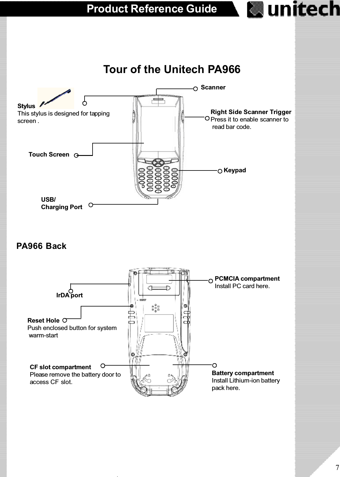 7Product Reference GuideTour of the Unitech PA966StylusThis stylus is designed for tappingscreen .Touch ScreenUSB/Charging PortScannerRight Side Scanner TriggerPress it to enable scanner toread bar code.KeypadPA966 BackIrDA portReset HolePush enclosed button for systemwarm-startCF slot compartmentPlease remove the battery door toaccess CF slot.PCMCIA compartmentInstall PC card here.Battery compartmentInstall Lithium-ion batterypack here.ۖ