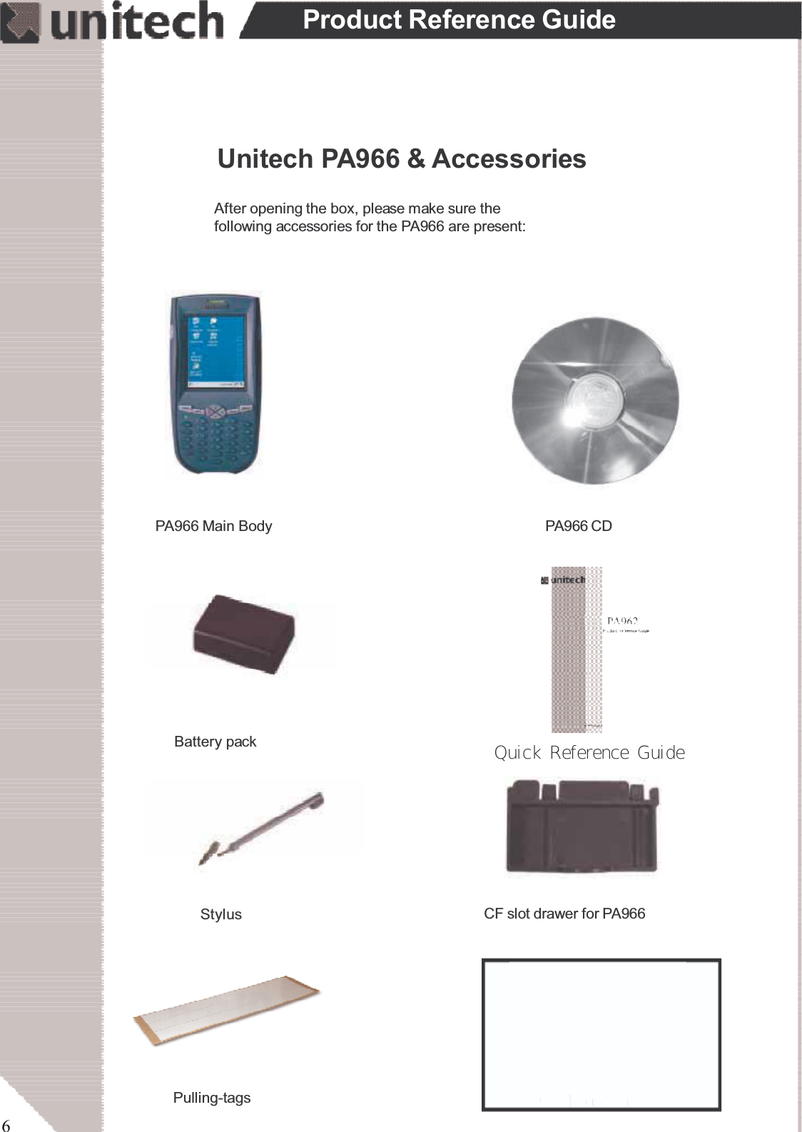 6Product Reference GuideStylusPulling-tags RF Card CushionPA966 CDPA966 Main BodyBattery packCF slot drawer for PA966Unitech PA966 &amp; AccessoriesAfter opening the box, please make sure thefollowing accessories for the PA966 are present:Quick  Reference  Guide