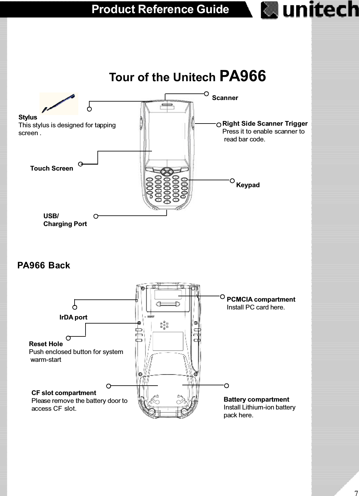 7Product Reference GuideTour of the Unitech PA966StylusThis stylus is designed for tappingscreen .Touch ScreenUSB/Charging PortScannerRight Side Scanner TriggerPress it to enable scanner toread bar code.KeypadPA966 BackIrDA portReset HolePush enclosed button for systemwarm-startCF slot compartmentPlease remove the battery door toaccess CF slot.PCMCIA compartmentInstall PC card here.Battery compartmentInstall Lithium-ion batterypack here.