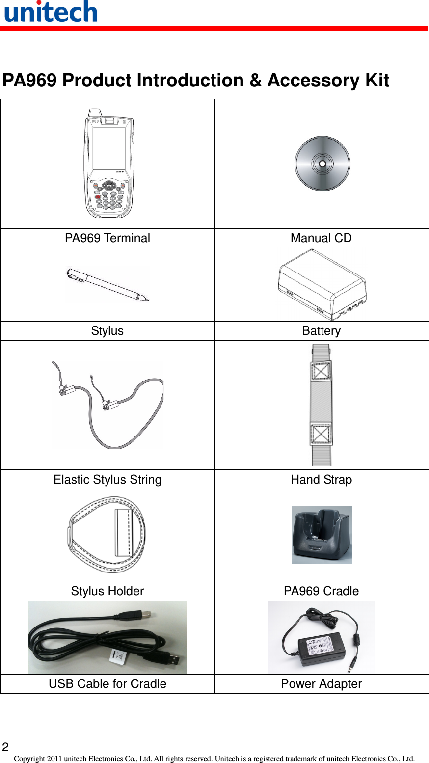   2 Copyright 2011 unitech Electronics Co., Ltd. All rights reserved. Unitech is a registered trademark of unitech Electronics Co., Ltd.  PA969 Product Introduction &amp; Accessory Kit   PA969 Terminal  Manual CD   Stylus  Battery   Elastic Stylus String  Hand Strap   Stylus Holder  PA969 Cradle   USB Cable for Cradle  Power Adapter 