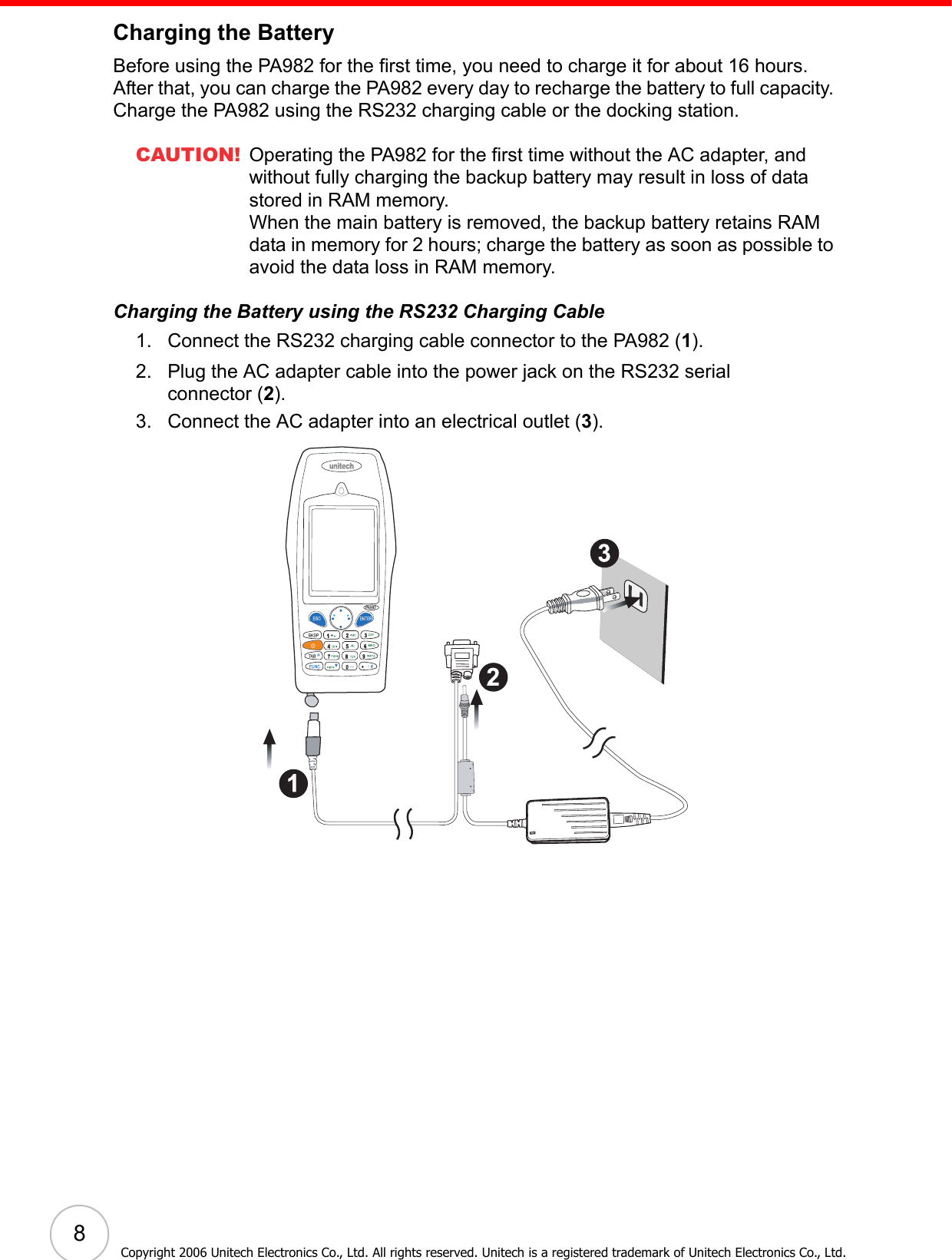 8Copyright 2006 Unitech Electronics Co., Ltd. All rights reserved. Unitech is a registered trademark of Unitech Electronics Co., Ltd.Charging the BatteryBefore using the PA982 for the first time, you need to charge it for about 16 hours. After that, you can charge the PA982 every day to recharge the battery to full capacity. Charge the PA982 using the RS232 charging cable or the docking station.CAUTION! Operating the PA982 for the first time without the AC adapter, and without fully charging the backup battery may result in loss of data stored in RAM memory. When the main battery is removed, the backup battery retains RAM data in memory for 2 hours; charge the battery as soon as possible to avoid the data loss in RAM memory.Charging the Battery using the RS232 Charging Cable1. Connect the RS232 charging cable connector to the PA982 (1).2. Plug the AC adapter cable into the power jack on the RS232 serial connector (2).3. Connect the AC adapter into an electrical outlet (3). 