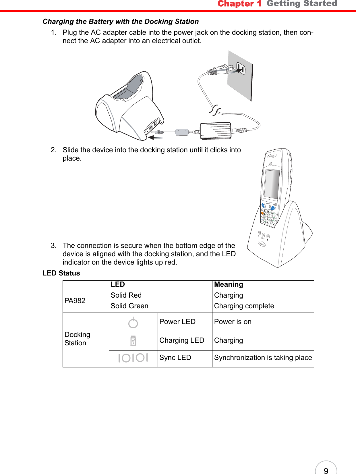 Chapter 1   Getting Started9Charging the Battery with the Docking Station1. Plug the AC adapter cable into the power jack on the docking station, then con-nect the AC adapter into an electrical outlet.2. Slide the device into the docking station until it clicks into place. 3. The connection is secure when the bottom edge of the device is aligned with the docking station, and the LED indicator on the device lights up red.LED StatusLED MeaningPA982 Solid Red ChargingSolid Green Charging completeDocking Station   Power LED Power is onCharging LED Charging Sync LED Synchronization is taking place