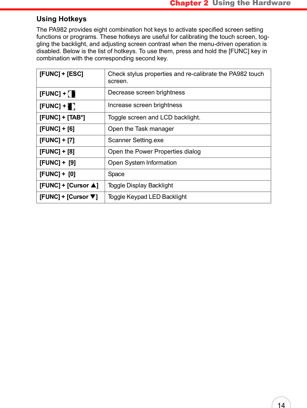 Chapter 2   Using the Hardware14Using HotkeysThe PA982 provides eight combination hot keys to activate specified screen setting functions or programs. These hotkeys are useful for calibrating the touch screen, tog-gling the backlight, and adjusting screen contrast when the menu-driven operation is disabled. Below is the list of hotkeys. To use them, press and hold the [FUNC] key in combination with the corresponding second key. [FUNC] + [ESC] Check stylus properties and re-calibrate the PA982 touch screen.[FUNC] +  Decrease screen brightness[FUNC] +  Increase screen brightness[FUNC] + [TAB*] Toggle screen and LCD backlight.[FUNC] + [6] Open the Task manager[FUNC] + [7] Scanner Setting.exe[FUNC] + [8] Open the Power Properties dialog[FUNC] +  [9] Open System Information[FUNC] +  [0] Space[FUNC] + [Cursor S]  Toggle Display Backlight[FUNC] + [Cursor T]  Toggle Keypad LED Backlight