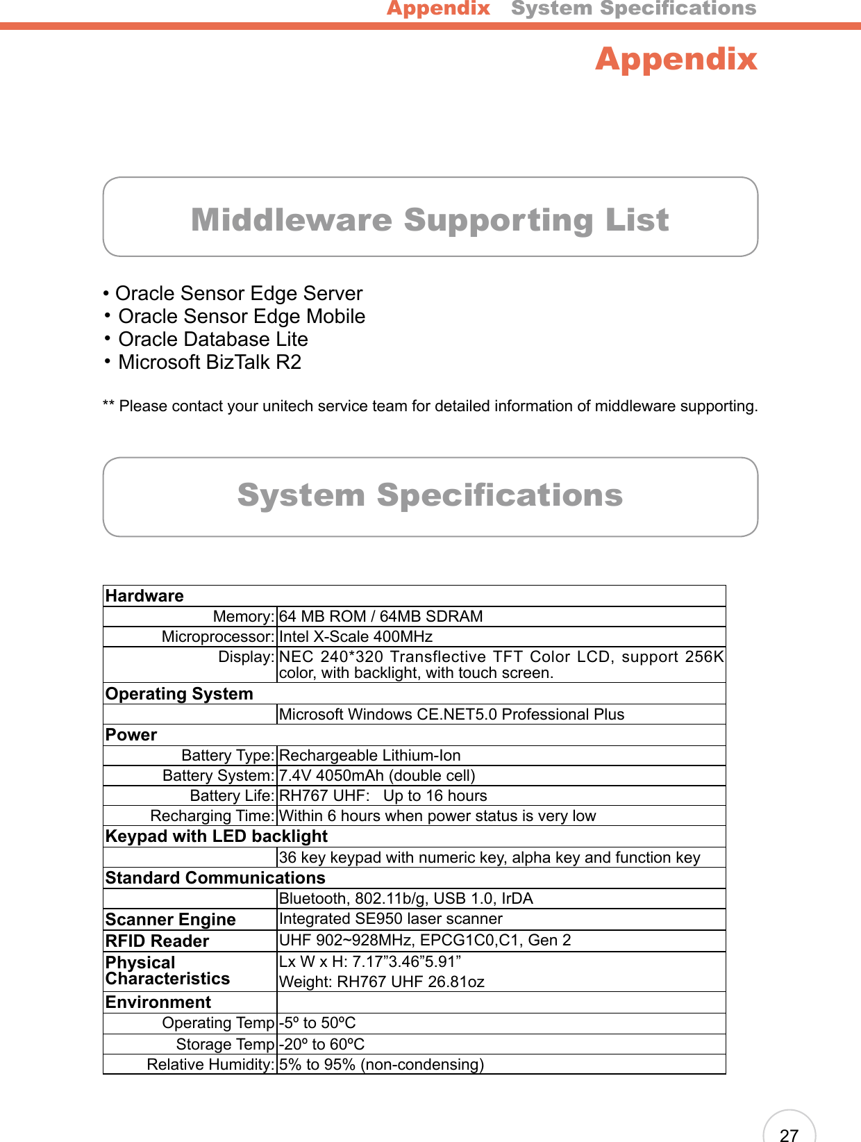 Appendix   System Specications27AppendixMiddleware Supporting List  • Oracle Sensor Edge Server • Oracle Sensor Edge Mobile • Oracle Database Lite • Microsoft BizTalk R2   ** Please contact your unitech service team for detailed information of middleware supporting.HardwareMemory: 64 MB ROM / 64MB SDRAMMicroprocessor: Intel X-Scale 400MHzDisplay: NEC  240*320 Transflective  TFT  Color  LCD, support  256K color, with backlight, with touch screen.Operating SystemMicrosoft Windows CE.NET5.0 Professional PlusPowerBattery Type: Rechargeable Lithium-IonBattery System: 7.4V 4050mAh (double cell) Battery Life: RH767 UHF:  Up to 16 hoursRecharging Time: Within 6 hours when power status is very lowKeypad with LED backlight36 key keypad with numeric key, alpha key and function key Standard CommunicationsBluetooth, 802.11b/g, USB 1.0, IrDA Scanner Engine    Integrated SE950 laser scannerRFID Reader    UHF 902~928MHz, EPCG1C0,C1, Gen 2Physical CharacteristicsLx W x H: 7.17”3.46”5.91”Weight: RH767 UHF 26.81ozEnvironmentOperating Temp -5º to 50ºCStorage Temp -20º to 60ºCRelative Humidity: 5% to 95% (non-condensing)System Specications