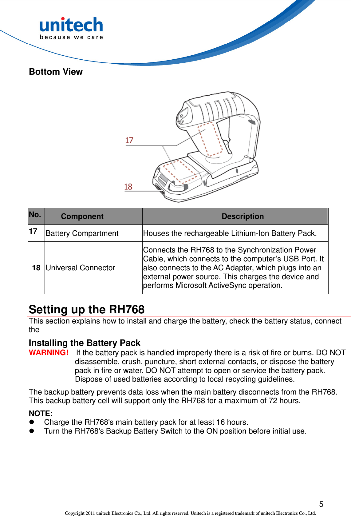  5 Copyright 2011 unitech Electronics Co., Ltd. All rights reserved. Unitech is a registered trademark of unitech Electronics Co., Ltd. Bottom View   No. Component  Description 17  Battery Compartment  Houses the rechargeable Lithium-Ion Battery Pack. 18 Universal Connector Connects the RH768 to the Synchronization Power Cable, which connects to the computer’s USB Port. It also connects to the AC Adapter, which plugs into an external power source. This charges the device and performs Microsoft ActiveSync operation.  Setting up the RH768 This section explains how to install and charge the battery, check the battery status, connect the   Installing the Battery Pack WARNING!    If the battery pack is handled improperly there is a risk of fire or burns. DO NOT disassemble, crush, puncture, short external contacts, or dispose the battery pack in fire or water. DO NOT attempt to open or service the battery pack. Dispose of used batteries according to local recycling guidelines. The backup battery prevents data loss when the main battery disconnects from the RH768. This backup battery cell will support only the RH768 for a maximum of 72 hours. NOTE:   Charge the RH768&apos;s main battery pack for at least 16 hours.   Turn the RH768&apos;s Backup Battery Switch to the ON position before initial use. 