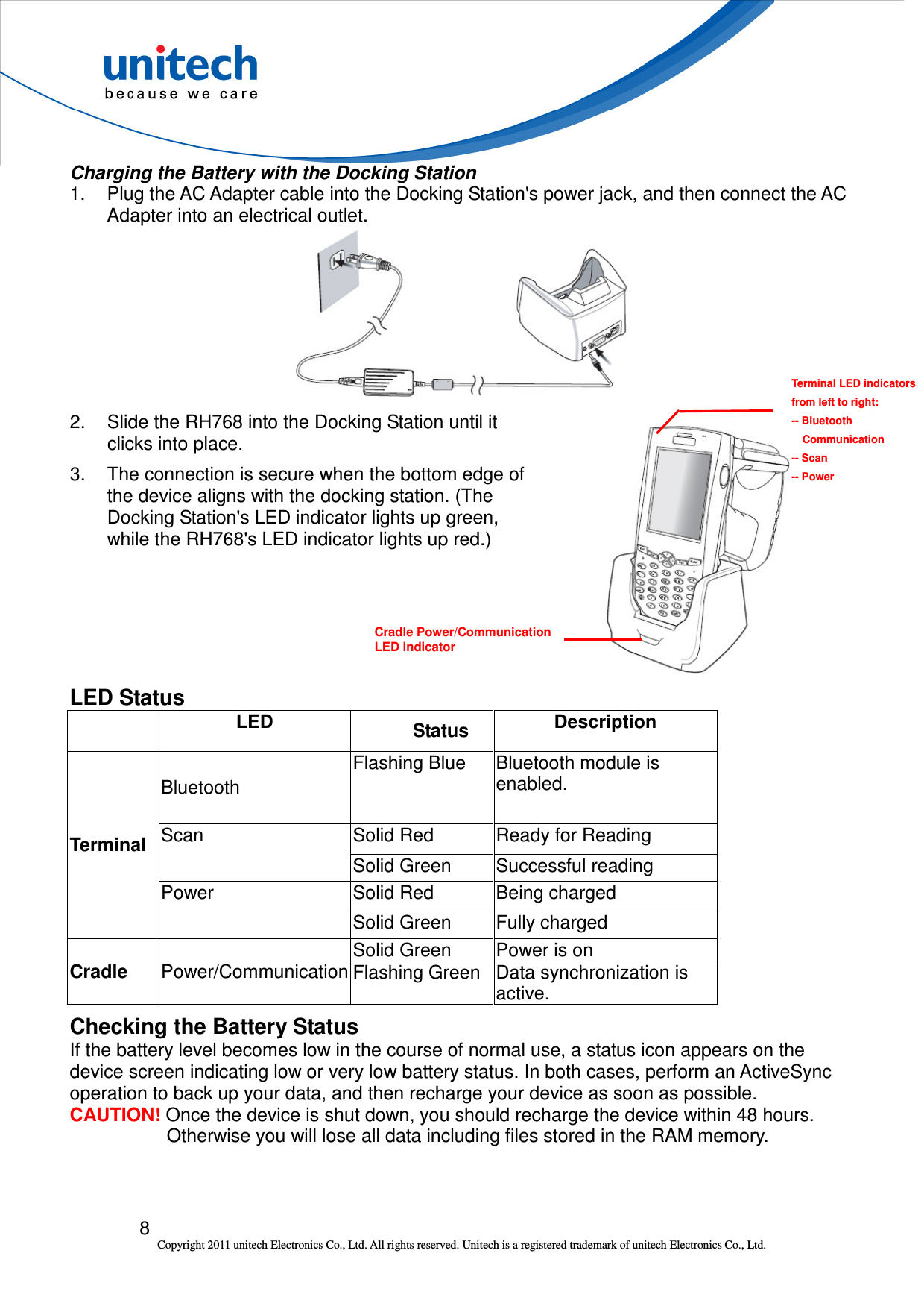  8 Copyright 2011 unitech Electronics Co., Ltd. All rights reserved. Unitech is a registered trademark of unitech Electronics Co., Ltd. Terminal LED indicators  from left to right: -- Bluetooth   Communication -- Scan -- Power Charging the Battery with the Docking Station 1.  Plug the AC Adapter cable into the Docking Station&apos;s power jack, and then connect the AC Adapter into an electrical outlet.  2.  Slide the RH768 into the Docking Station until it clicks into place. 3.  The connection is secure when the bottom edge of the device aligns with the docking station. (The Docking Station&apos;s LED indicator lights up green, while the RH768&apos;s LED indicator lights up red.)   LED Status   LED  Status  Description Bluetooth Flashing Blue  Bluetooth module is enabled. Solid Red  Ready for Reading Scan Solid Green  Successful reading Solid Red  Being charged Terminal Power Solid Green  Fully charged Solid Green  Power is on Cradle  Power/Communication Flashing Green Data synchronization is active. Checking the Battery Status If the battery level becomes low in the course of normal use, a status icon appears on the device screen indicating low or very low battery status. In both cases, perform an ActiveSync operation to back up your data, and then recharge your device as soon as possible. CAUTION! Once the device is shut down, you should recharge the device within 48 hours. Otherwise you will lose all data including files stored in the RAM memory. Cradle Power/Communication  LED indicator 