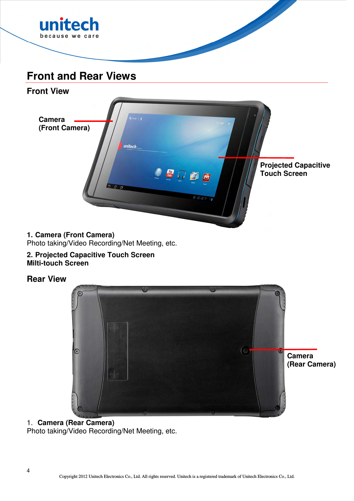  4 Copyright 2012 Unitech Electronics Co., Ltd. All rights reserved. Unitech is a registered trademark of Unitech Electronics Co., Ltd.  Front and Rear Views Front View  1. Camera (Front Camera) Photo taking/Video Recording/Net Meeting, etc. 2. Projected Capacitive Touch Screen Milti-touch Screen Rear View  1.  Camera (Rear Camera) Photo taking/Video Recording/Net Meeting, etc.  Camera (Front Camera) Projected Capacitive Touch Screen Camera (Rear Camera) 