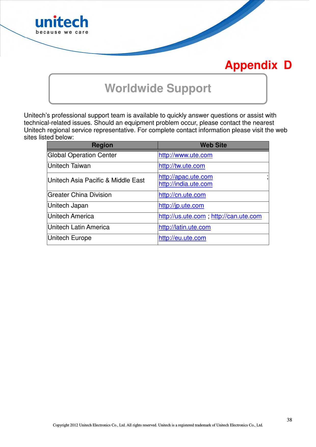  38 Copyright 2012 Unitech Electronics Co., Ltd. All rights reserved. Unitech is a registered trademark of Unitech Electronics Co., Ltd.  Appendix  D Worldwide Support  Unitech’s professional support team is available to quickly answer questions or assist with technical-related issues. Should an equipment problem occur, please contact the nearest Unitech regional service representative. For complete contact information please visit the web sites listed below: Region  Web Site Global Operation Center  http://www.ute.com   Unitech Taiwan  http://tw.ute.com   Unitech Asia Pacific &amp; Middle East  http://apac.ute.com ; http://india.ute.com   Greater China Division  http://cn.ute.com   Unitech Japan  http://jp.ute.com   Unitech America  http://us.ute.com ; http://can.ute.com  Unitech Latin America  http://latin.ute.com   Unitech Europe  http://eu.ute.com     