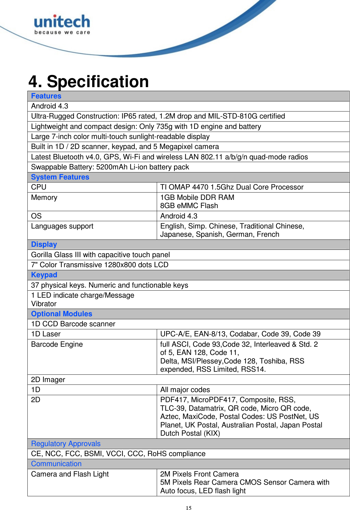  15 4. Specification Features Android 4.3 Ultra-Rugged Construction: IP65 rated, 1.2M drop and MIL-STD-810G certified Lightweight and compact design: Only 735g with 1D engine and battery Large 7-inch color multi-touch sunlight-readable display Built in 1D / 2D scanner, keypad, and 5 Megapixel camera Latest Bluetooth v4.0, GPS, Wi-Fi and wireless LAN 802.11 a/b/g/n quad-mode radios Swappable Battery: 5200mAh Li-ion battery pack System Features CPU  TI OMAP 4470 1.5Ghz Dual Core Processor Memory  1GB Mobile DDR RAM 8GB eMMC Flash OS  Android 4.3 Languages support  English, Simp. Chinese, Traditional Chinese, Japanese, Spanish, German, French Display Gorilla Glass III with capacitive touch panel 7&quot; Color Transmissive 1280x800 dots LCD Keypad 37 physical keys. Numeric and functionable keys 1 LED indicate charge/Message Vibrator Optional Modules 1D CCD Barcode scanner 1D Laser  UPC-A/E, EAN-8/13, Codabar, Code 39, Code 39 Barcode Engine  full ASCI, Code 93,Code 32, Interleaved &amp; Std. 2 of 5, EAN 128, Code 11, Delta, MSI/Plessey,Code 128, Toshiba, RSS expended, RSS Limited, RSS14. 2D Imager 1D  All major codes 2D  PDF417, MicroPDF417, Composite, RSS, TLC-39, Datamatrix, QR code, Micro QR code, Aztec, MaxiCode, Postal Codes: US PostNet, US Planet, UK Postal, Australian Postal, Japan Postal Dutch Postal (KIX) Regulatory Approvals CE, NCC, FCC, BSMI, VCCI, CCC, RoHS compliance Communication Camera and Flash Light  2M Pixels Front Camera 5M Pixels Rear Camera CMOS Sensor Camera with Auto focus, LED flash light 