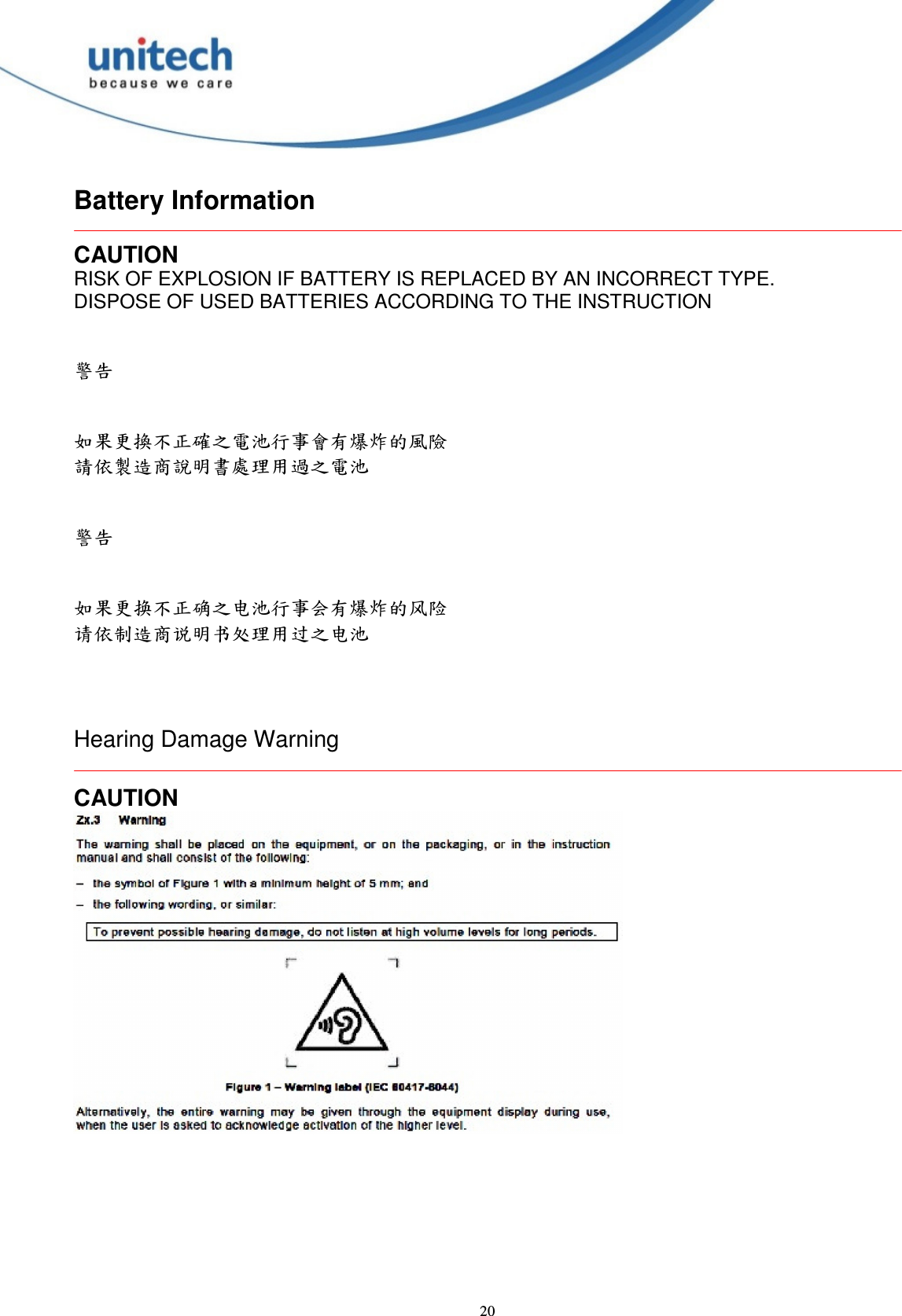  20 Battery Information  CAUTION RISK OF EXPLOSION IF BATTERY IS REPLACED BY AN INCORRECT TYPE. DISPOSE OF USED BATTERIES ACCORDING TO THE INSTRUCTION   警告   如果更換不正確之電池行事會有爆炸的風險 請依製造商說明書處理用過之電池   警告   如果更换不正确之电池行事会有爆炸的风险 请依制造商说明书处理用过之电池    Hearing Damage Warning  CAUTION  