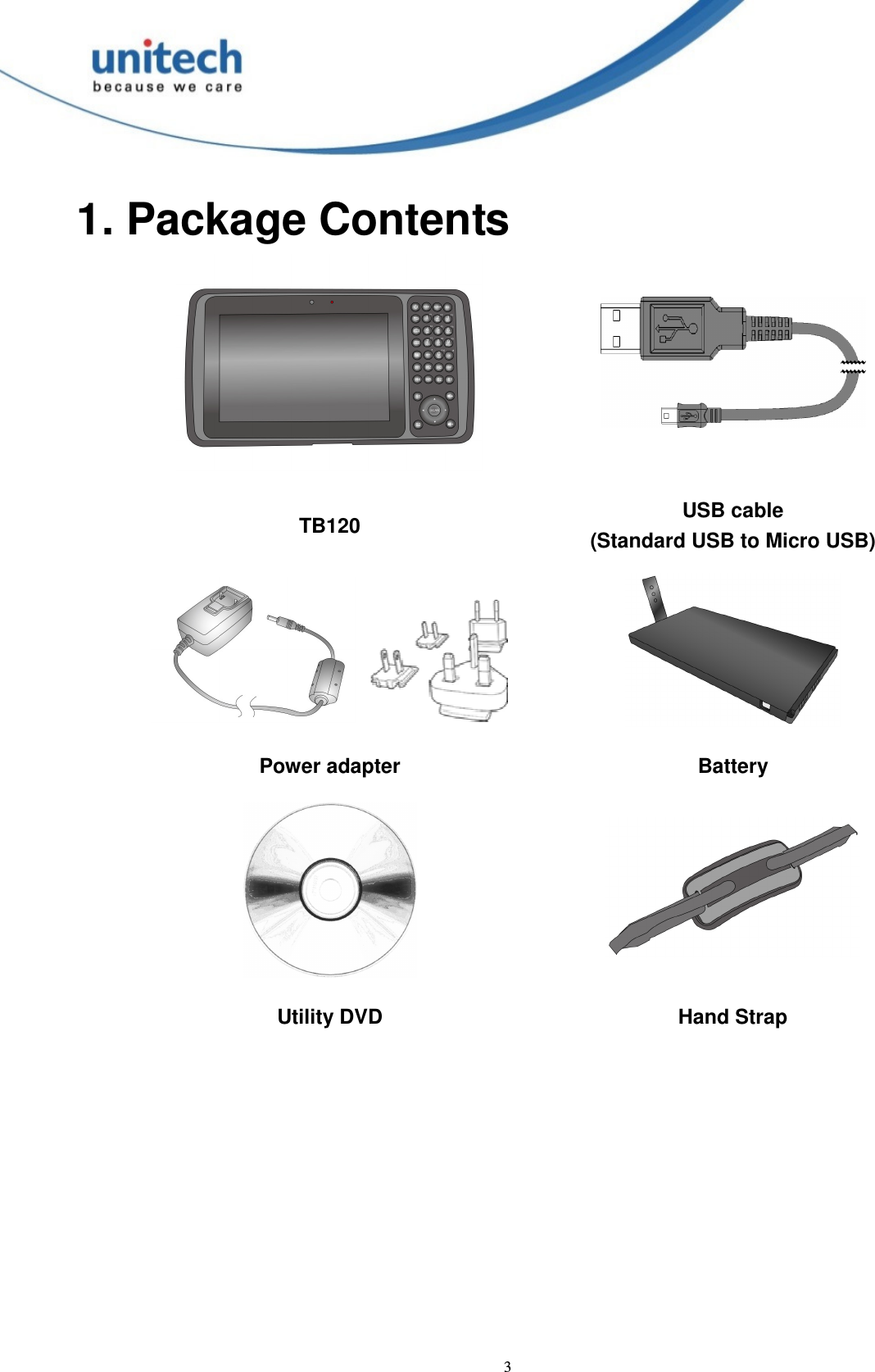  3 1. Package Contents   TB120  USB cable (Standard USB to Micro USB)   Power adapter  Battery   Utility DVD  Hand Strap   