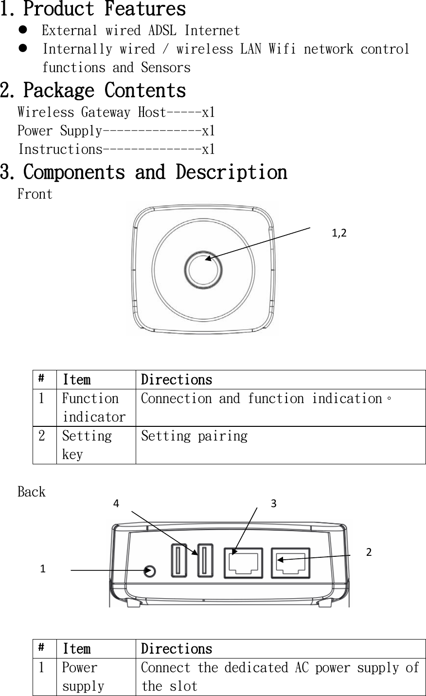 1,214321. Product Features  External wired ADSL Internet  Internally wired / wireless LAN Wifi network control functions and Sensors 2. Package Contents Wireless Gateway Host-----x1 Power Supply--------------x1 Instructions--------------x1 3. Components and Description Front          #Item  Directions 1  Function indicator Connection and function indication。 2  Setting key Setting pairing  Back       #Item  Directions 1  Power supply Connect the dedicated AC power supply of the slot 