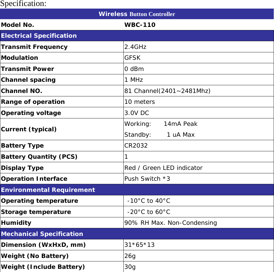  Specification: Wireless Button Controller   Model No.  WBC-110 Electrical Specification Transmit Frequency  2.4GHz Modulation  GFSK Transmit Power        0 dBm  Channel spacing  1 MHz Channel NO.  81 Channel(2401~2481Mhz) Range of operation  10 meters Operating voltage          3.0V DC Current (typical)    Working:    14mA Peak Standby:     1 uA Max Battery Type  CR2032 Battery Quantity (PCS)  1 Display Type  Red / Green LED indicator Operation Interface  Push Switch *3 Environmental Requirement Operating temperature   -10°C to 40°C Storage temperature   -20°C to 60°C Humidity  90% RH Max. Non-Condensing Mechanical Specification Dimension (WxHxD, mm)  31*65*13 Weight (No Battery)  26g Weight (Include Battery)  30g  