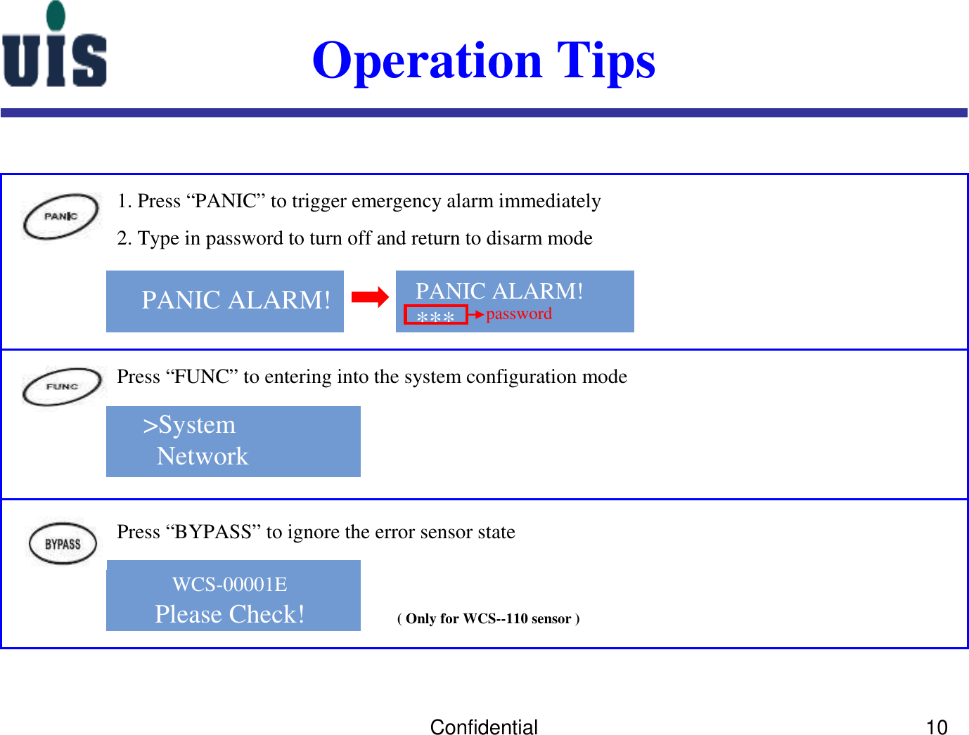 Confidential 10Operation Tips1. Press “PANIC” to trigger emergency alarm immediately2. Type in password to turn off and return to disarm modePANIC ALARM!Press “FUNC” to entering into the system configuration mode&gt;SystemNetworkWCS-00001EPlease Check!Press “BYPASS” to ignore the error sensor state( Only for WCS--110 sensor )PANIC ALARM!*** password