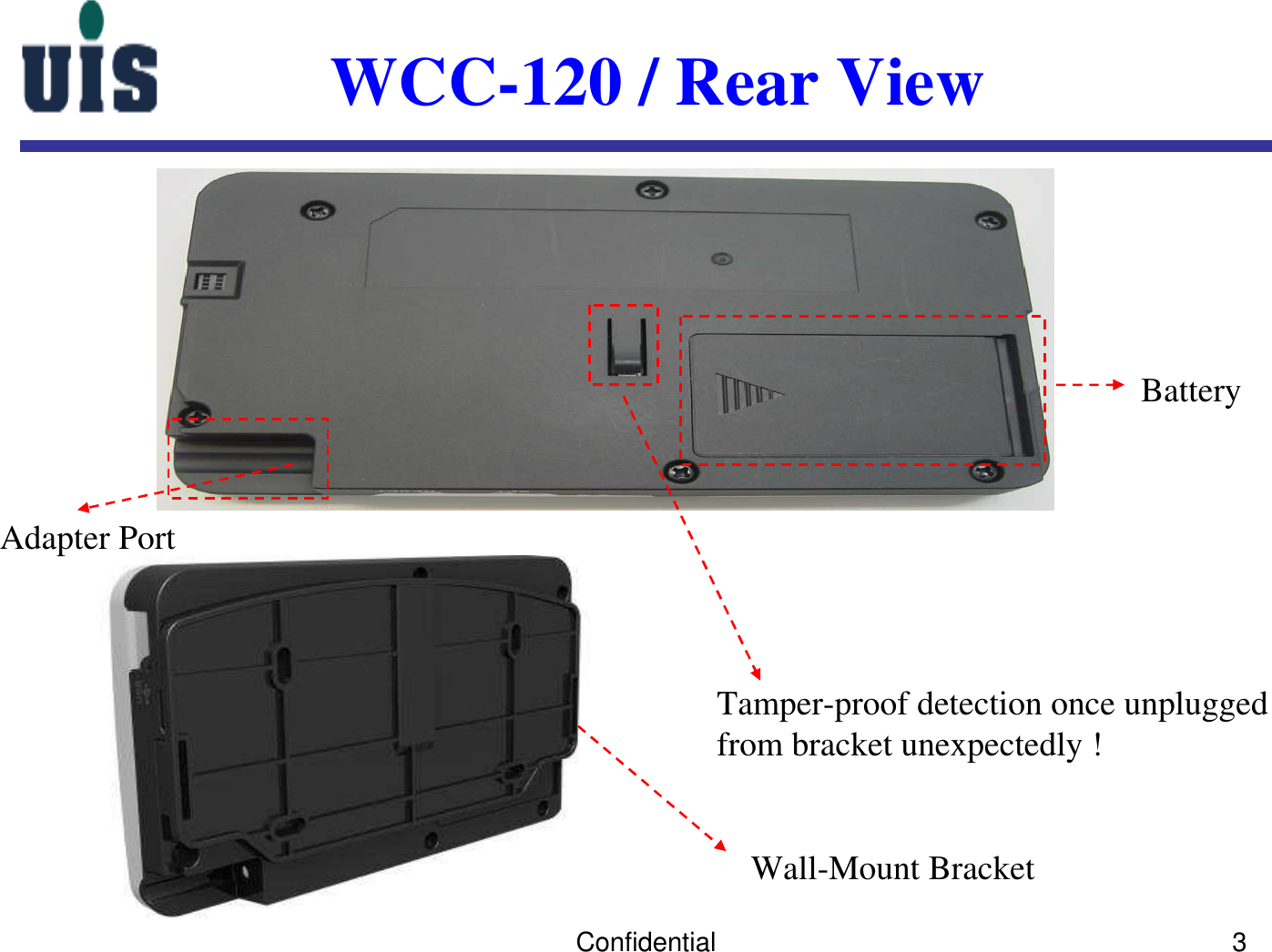 Confidential 3Tamper-proof detection once unplugged from bracket unexpectedly ! Wall-Mount BracketAdapter PortBatteryWCC-120 / Rear View