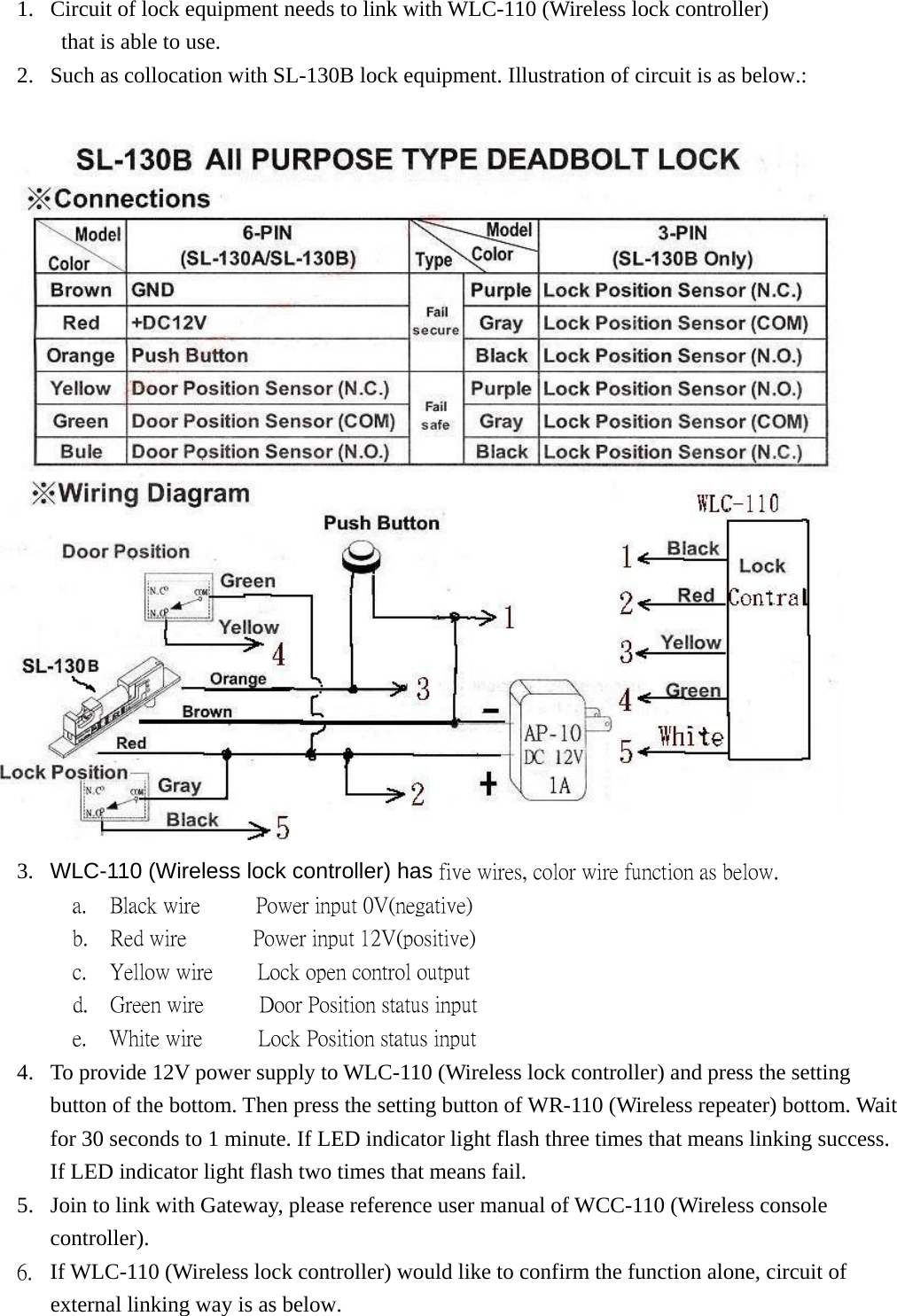 1.  Circuit of lock equipment needs to link with WLC-110 (Wireless lock controller) that is able to use. 2.  Such as collocation with SL-130B lock equipment. Illustration of circuit is as below.:      3.  WLC-110 (Wireless lock controller) has five wires, color wire function as below.        a.  Black wire     Power input 0V(negative)        b.  Red wire      Power input 12V(positive)        c.  Yellow wire    Lock open control output         d.  Green wire     Door Position status input            e.  White wire     Lock Position status input 4.  To provide 12V power supply to WLC-110 (Wireless lock controller) and press the setting button of the bottom. Then press the setting button of WR-110 (Wireless repeater) bottom. Wait for 30 seconds to 1 minute. If LED indicator light flash three times that means linking success. If LED indicator light flash two times that means fail.     5.  Join to link with Gateway, please reference user manual of WCC-110 (Wireless console controller). 6.  If WLC-110 (Wireless lock controller) would like to confirm the function alone, circuit of external linking way is as below.    