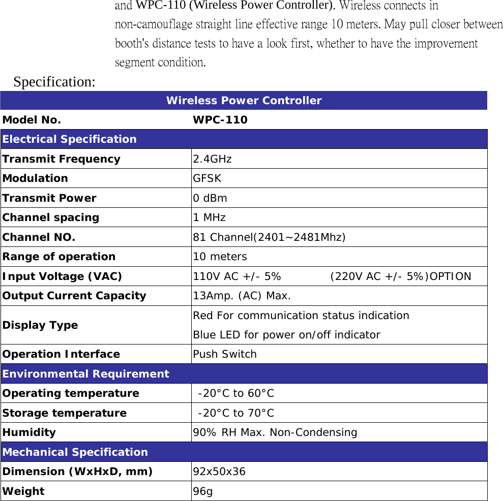 and WPC-110 (Wireless Power Controller). Wireless connects in non-camouflage straight line effective range 10 meters. May pull closer between booth&apos;s distance tests to have a look first, whether to have the improvement segment condition. Specification:  Wireless Power Controller Model No.  WPC-110 Electrical Specification Transmit Frequency  2.4GHz Modulation  GFSK Transmit Power        0 dBm  Channel spacing  1 MHz Channel NO.  81 Channel(2401~2481Mhz) Range of operation  10 meters Input Voltage (VAC)  110V AC +/- 5%         (220V AC +/- 5%)OPTION Output Current Capacity  13Amp. (AC) Max. Display Type  Red For communication status indication Blue LED for power on/off indicator Operation Interface  Push Switch Environmental Requirement Operating temperature   -20°C to 60°C Storage temperature   -20°C to 70°C Humidity  90% RH Max. Non-Condensing Mechanical Specification Dimension (WxHxD, mm)  92x50x36 Weight    96g     