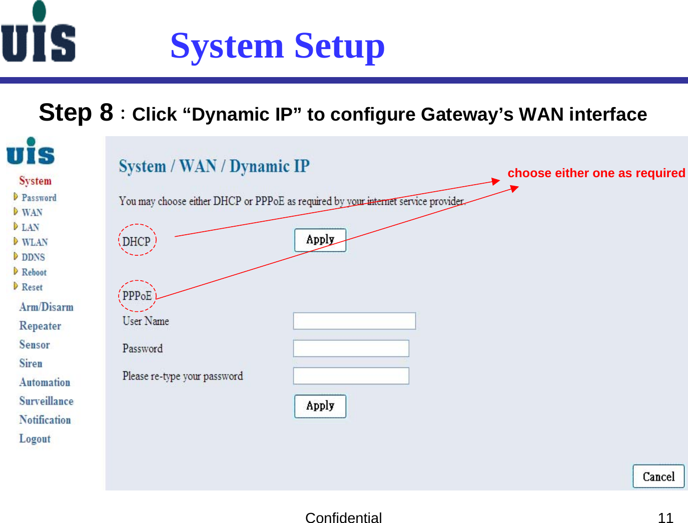 Confidential 11System SetupStep 8：Click “Dynamic IP” to configure Gateway’s WAN interface choose either one as required