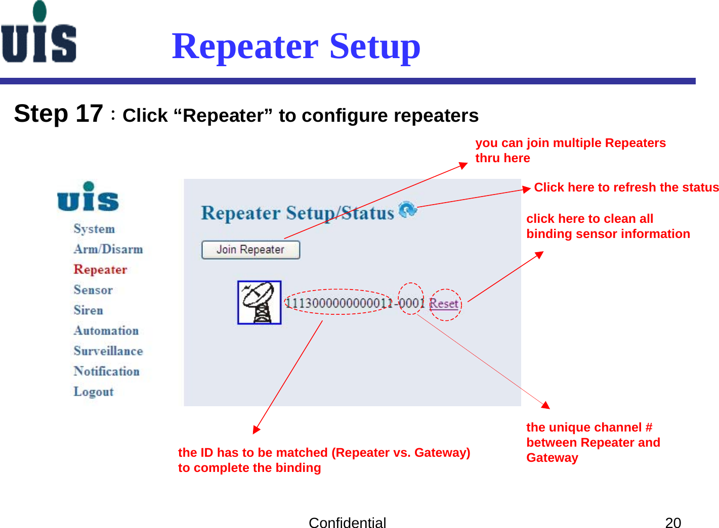 Confidential 20Repeater SetupStep 17：Click “Repeater” to configure repeaters you can join multiple Repeatersthru herethe ID has to be matched (Repeater vs. Gateway)to complete the bindingclick here to clean allbinding sensor informationthe unique channel # between Repeater andGatewayClick here to refresh the status