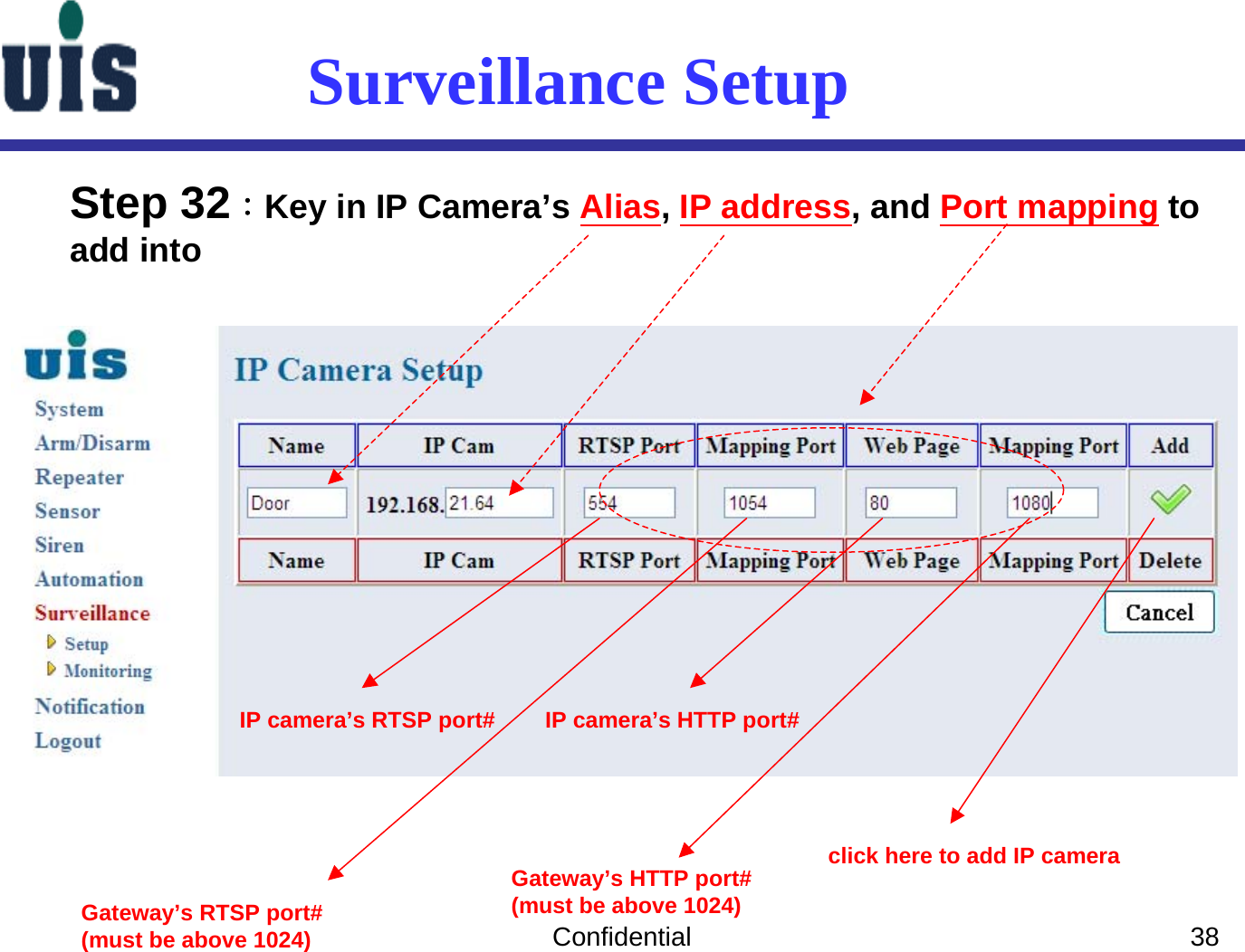 Confidential 38Surveillance SetupStep 32：Key in IP Camera’s Alias, IP address, and Port mapping toadd into  click here to add IP cameraIP camera’s RTSP port#Gateway’s RTSP port#(must be above 1024)IP camera’s HTTP port#Gateway’s HTTP port#(must be above 1024)