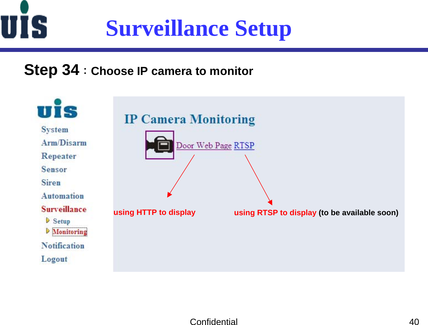 Confidential 40Surveillance SetupStep 34：Choose IP camera to monitor using HTTP to display using RTSP to display (to be available soon)