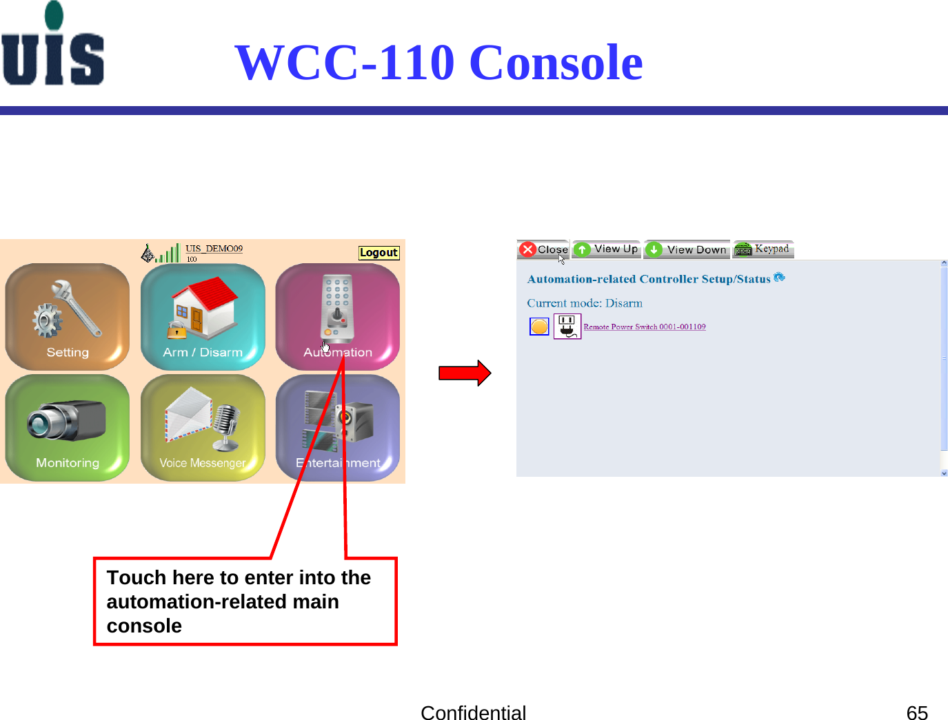 Confidential 65Touch here to enter into the automation-related main console WCC-110 Console