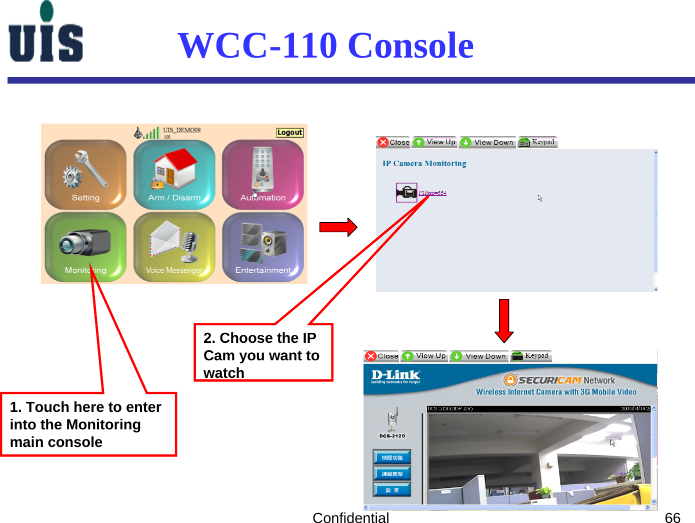 Confidential 661. Touch here to enter into the Monitoring main console 2. Choose the IP Cam you want to watchWCC-110 Console