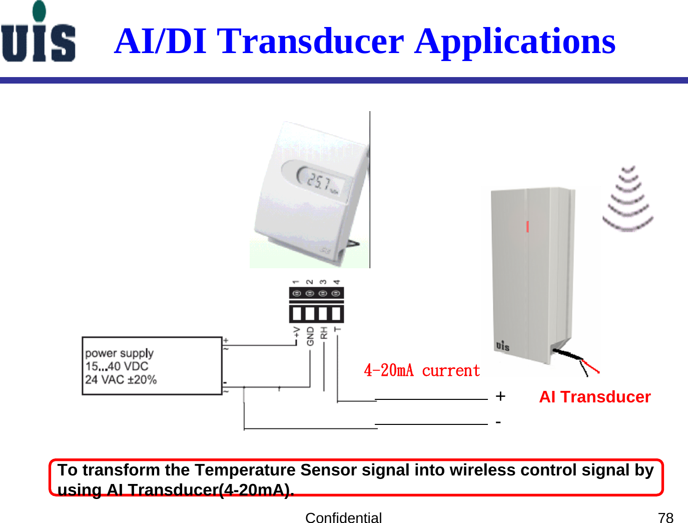 Confidential 78AI/DI Transducer ApplicationsTo transform the Temperature Sensor signal into wireless control signal by using AI Transducer(4-20mA).4-20mA currentAI Transducer+-