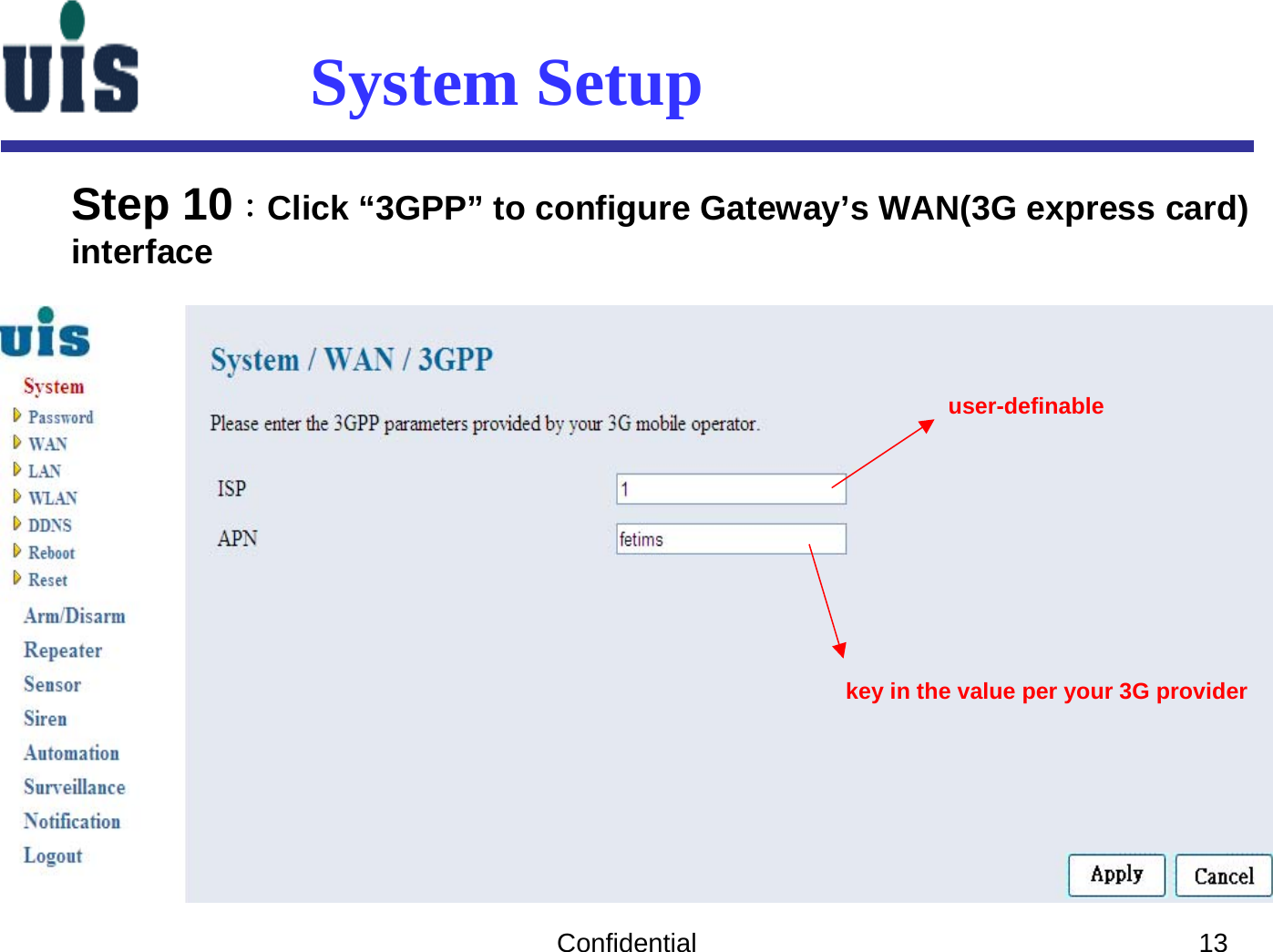 Confidential 13System SetupStep 10：Click “3GPP” to configure Gateway’s WAN(3G express card)interface user-definablekey in the value per your 3G provider