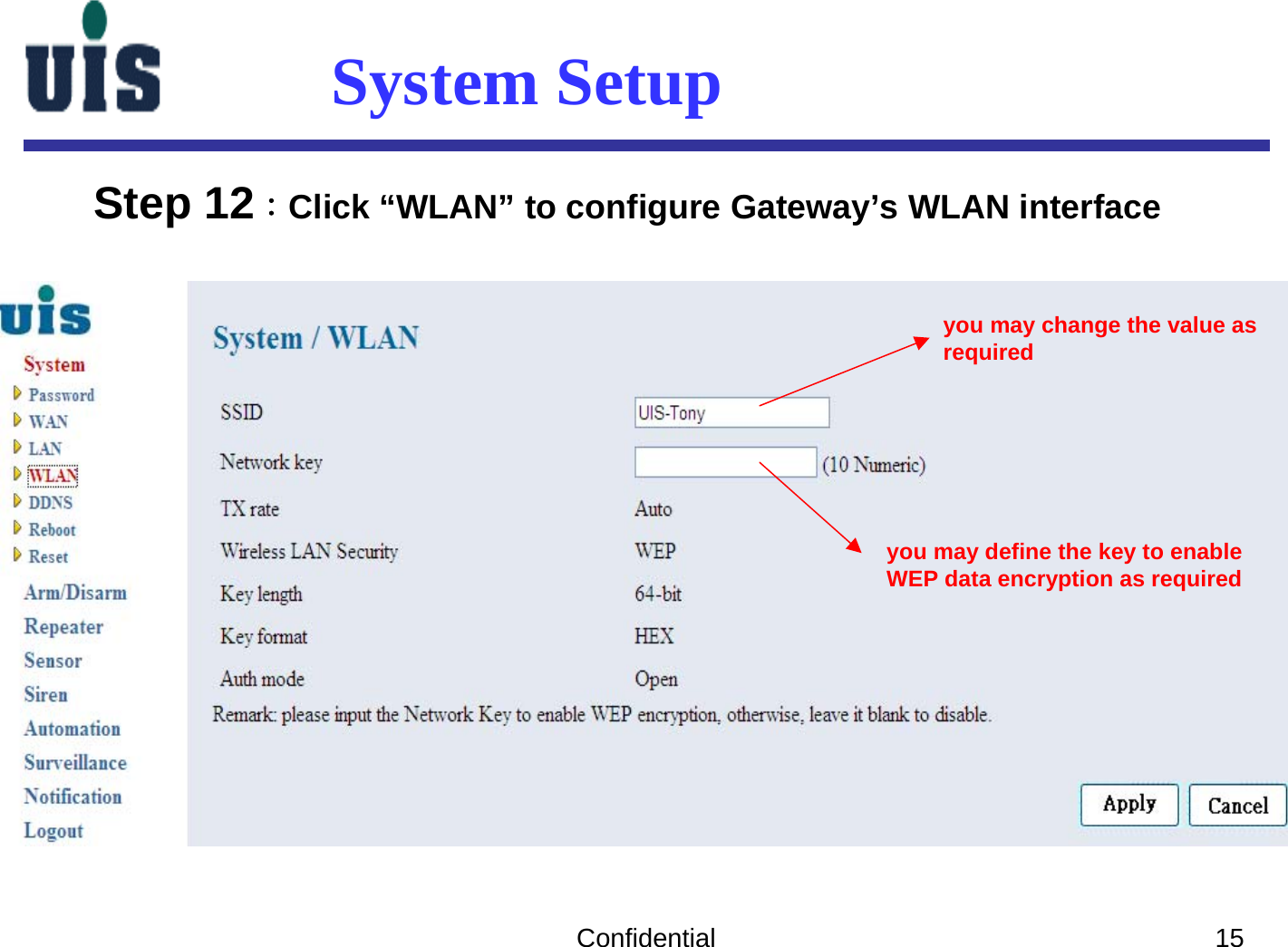 Confidential 15System SetupStep 12：Click “WLAN” to configure Gateway’s WLAN interface you may change the value asrequiredyou may define the key to enableWEP data encryption as required