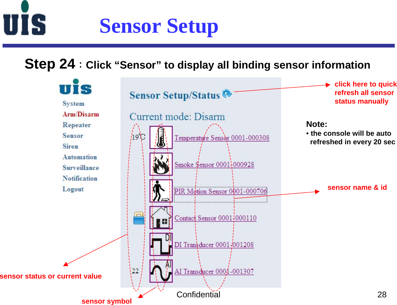 Confidential 28Sensor SetupStep 24：Click “Sensor” to display all binding sensor information sensor status or current valuesensor symbolsensor name &amp; idclick here to quick refresh all sensor status manuallyNote:•the console will be auto refreshed in every 20 sec