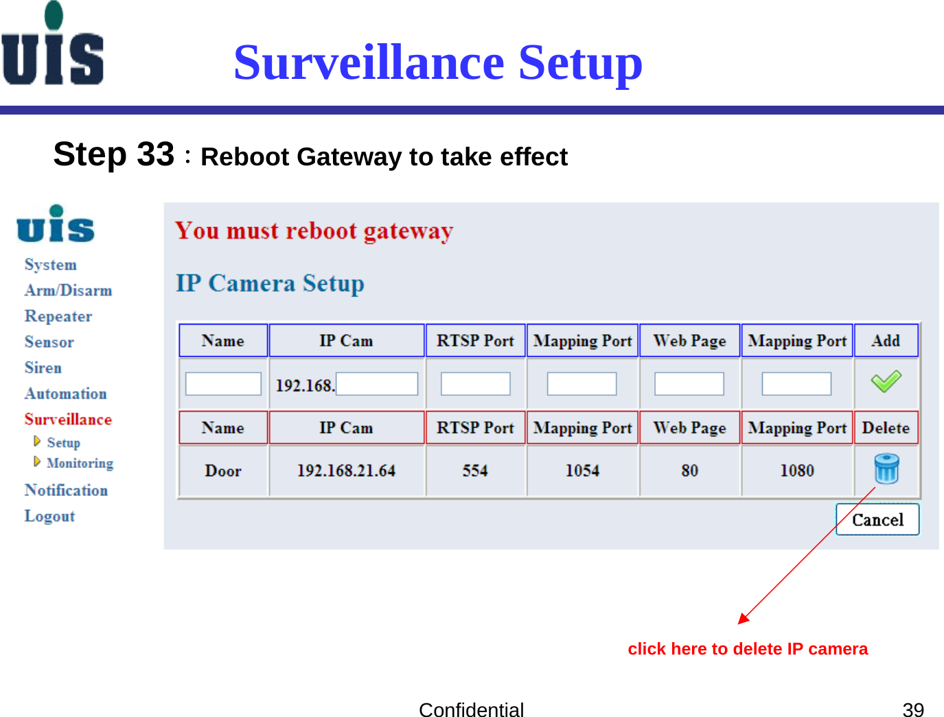 Confidential 39Surveillance SetupStep 33：Reboot Gateway to take effect click here to delete IP camera