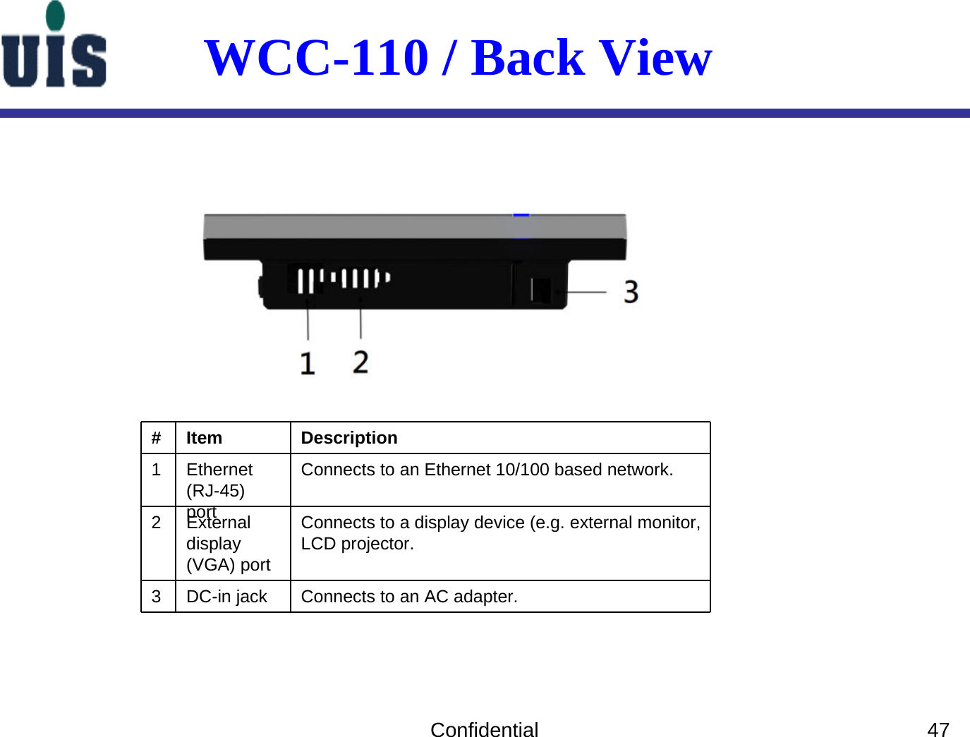 Confidential 47# Item Description1 Ethernet (RJ-45) portConnects to an Ethernet 10/100 based network.2 External display (VGA) portConnects to a display device (e.g. external monitor, LCD projector.3 DC-in jack Connects to an AC adapter.WCC-110 / Back View 