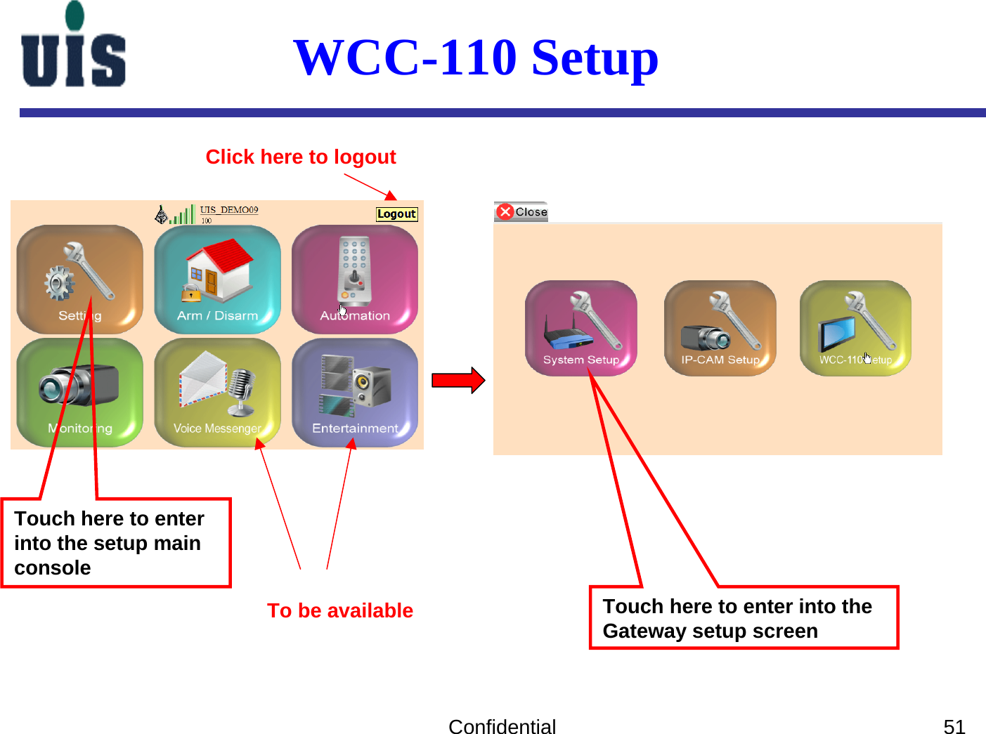 Confidential 51Touch here to enter into the setup main consoleWCC-110 Setup Touch here to enter into the Gateway setup screenClick here to logoutTo be available