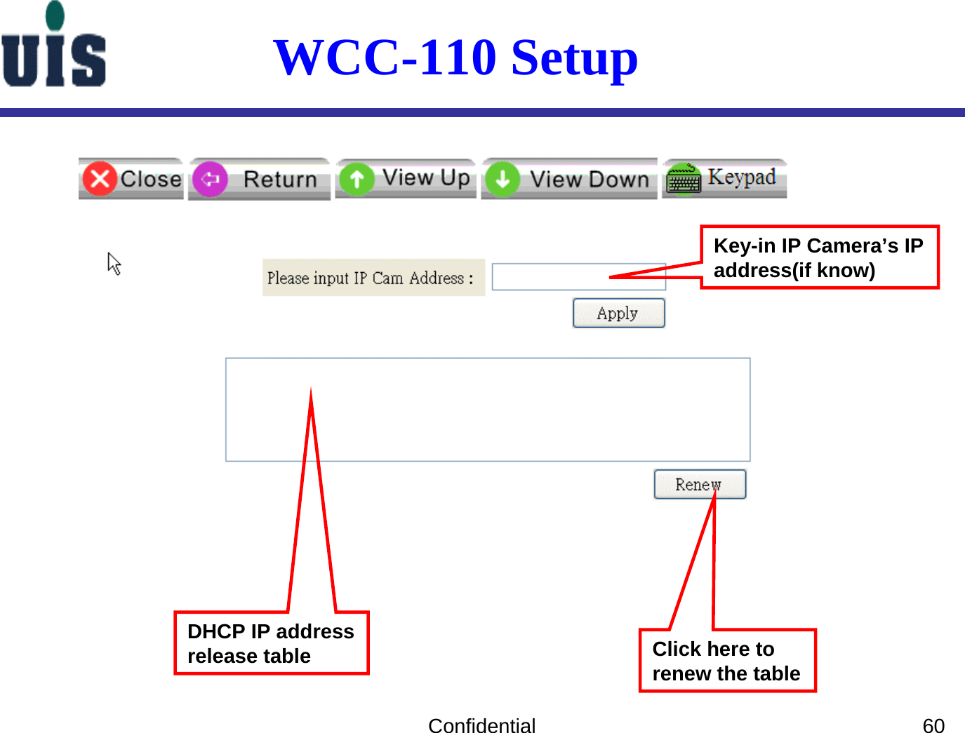 Confidential 60WCC-110 Setup Key-in IP Camera’s IP address(if know)DHCP IP address release table Click here to renew the table