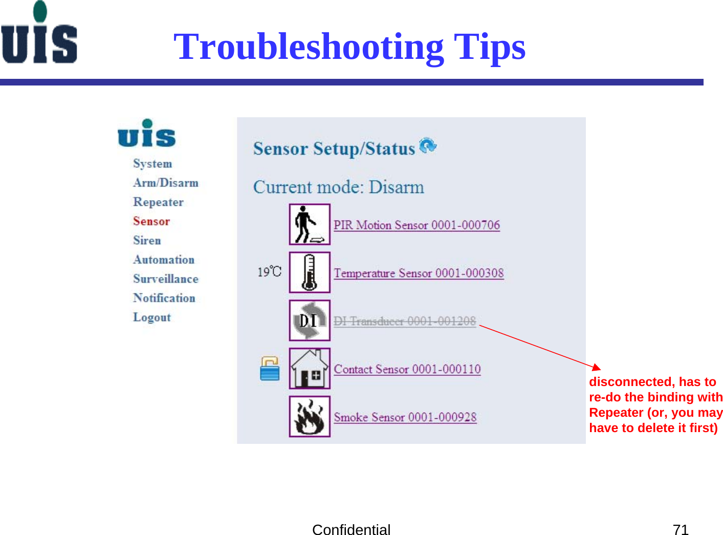 Confidential 71Troubleshooting Tipsdisconnected, has tore-do the binding withRepeater (or, you may have to delete it first) 