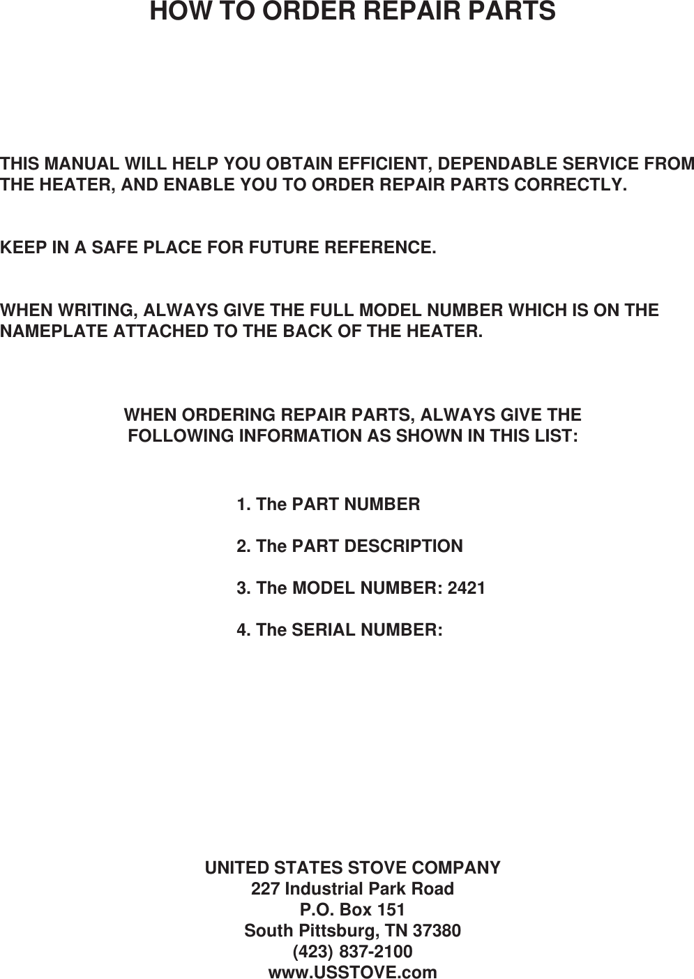 Page 12 of 12 - United-States-Stove United-States-Stove-Logwood-2421-Users-Manual- 2421 Manual  United-states-stove-logwood-2421-users-manual