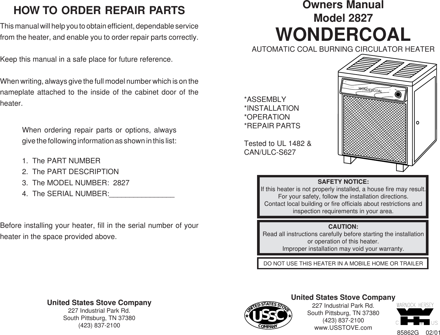 United States Stove Wondercoal 2827 Users Manual 2827MANUAL