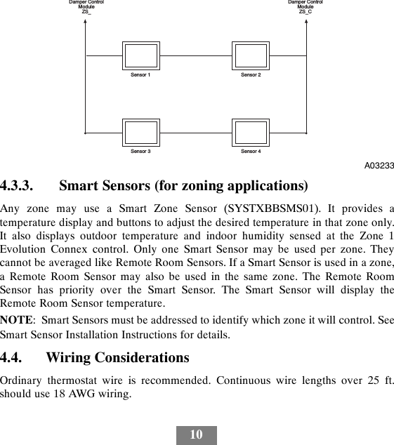 10Sensor 1 Sensor 2Sensor 3 Sensor 4Damper ControlModuleZS_Damper ControlModuleZS_CA032334.3.3. Smart Sensors (for zoning applications)Any zone may use a Smart Zone Sensor (SYSTXBBSMS01). It provides atemperature display and buttons to adjust the desired temperature in that zone only.It also displays outdoor temperature and indoor humidity sensed at the Zone 1Evolution Connex control. Only one Smart Sensor may be used per zone. Theycannot be averaged like Remote Room Sensors. If a Smart Sensor is used in a zone,a Remote Room Sensor may also be used in the same zone. The Remote RoomSensor has priority over the Smart Sensor. The Smart Sensor will display theRemote Room Sensor temperature.NOTE: Smart Sensors must be addressed to identify which zone it will control. SeeSmart Sensor Installation Instructions for details.4.4. Wiring ConsiderationsOrdinary thermostat wire is recommended. Continuous wire lengths over 25 ft.should use 18 AWG wiring.