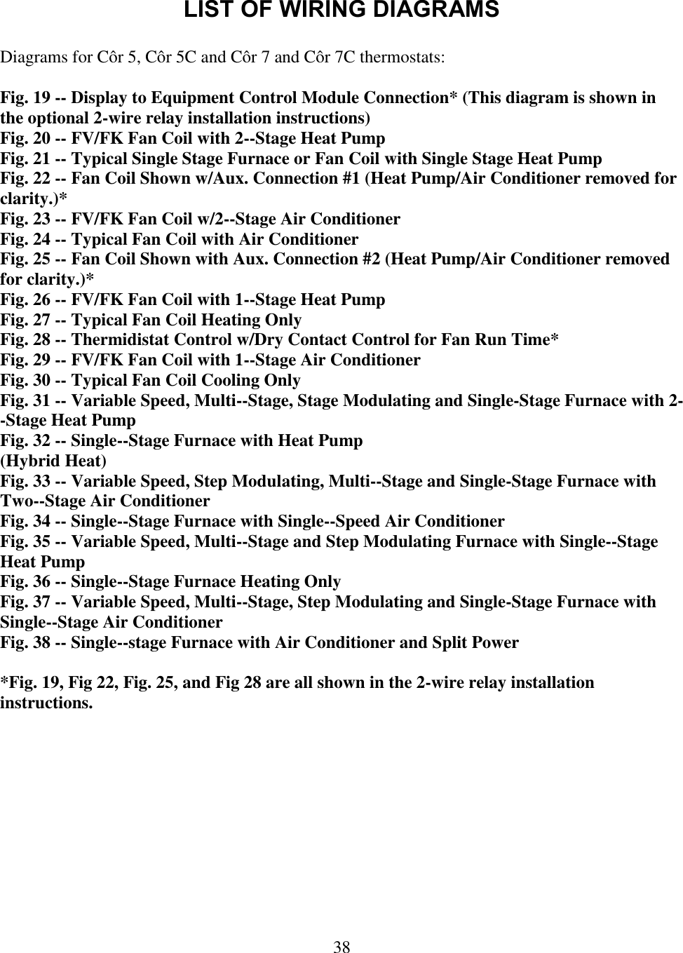 38  LIST OF WIRING DIAGRAMS  Diagrams for Côr 5, Côr 5C and Côr 7 and Côr 7C thermostats:   Fig. 19 -- Display to Equipment Control Module Connection* (This diagram is shown in the optional 2-wire relay installation instructions) Fig. 20 -- FV/FK Fan Coil with 2--Stage Heat Pump Fig. 21 -- Typical Single Stage Furnace or Fan Coil with Single Stage Heat Pump Fig. 22 -- Fan Coil Shown w/Aux. Connection #1 (Heat Pump/Air Conditioner removed for clarity.)* Fig. 23 -- FV/FK Fan Coil w/2--Stage Air Conditioner Fig. 24 -- Typical Fan Coil with Air Conditioner Fig. 25 -- Fan Coil Shown with Aux. Connection #2 (Heat Pump/Air Conditioner removed for clarity.)* Fig. 26 -- FV/FK Fan Coil with 1--Stage Heat Pump Fig. 27 -- Typical Fan Coil Heating Only Fig. 28 -- Thermidistat Control w/Dry Contact Control for Fan Run Time* Fig. 29 -- FV/FK Fan Coil with 1--Stage Air Conditioner Fig. 30 -- Typical Fan Coil Cooling Only Fig. 31 -- Variable Speed, Multi--Stage, Stage Modulating and Single-Stage Furnace with 2--Stage Heat Pump Fig. 32 -- Single--Stage Furnace with Heat Pump (Hybrid Heat) Fig. 33 -- Variable Speed, Step Modulating, Multi--Stage and Single-Stage Furnace with Two--Stage Air Conditioner Fig. 34 -- Single--Stage Furnace with Single--Speed Air Conditioner Fig. 35 -- Variable Speed, Multi--Stage and Step Modulating Furnace with Single--Stage Heat Pump Fig. 36 -- Single--Stage Furnace Heating Only Fig. 37 -- Variable Speed, Multi--Stage, Step Modulating and Single-Stage Furnace with Single--Stage Air Conditioner Fig. 38 -- Single--stage Furnace with Air Conditioner and Split Power  *Fig. 19, Fig 22, Fig. 25, and Fig 28 are all shown in the 2-wire relay installation instructions. 