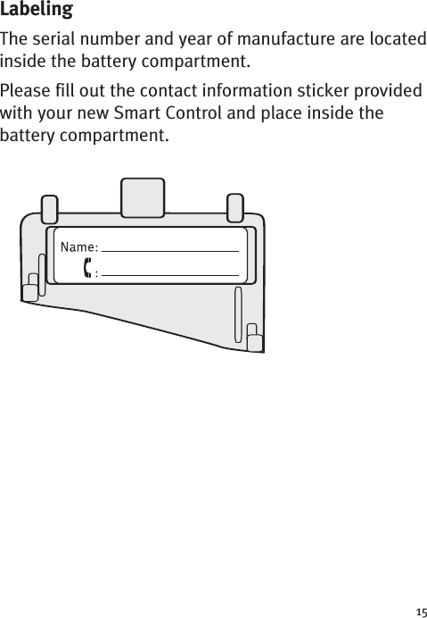 15LabelingThe serial number and year of manufacture are locatedinside the battery compartment.Please fill out the contact information sticker providedwith your new Smart Control and place inside thebattery compartment.