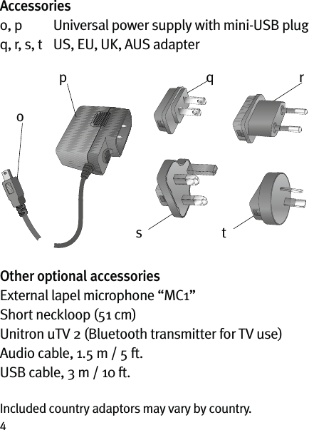 4Accessorieso, p  Universal power supply with mini-USB plugq, r, s, t  US, EU, UK, AUS adapterOther optional accessoriesExternal lapel microphone “MC1”Short neckloop (51 cm)Unitron uTV 2 (Bluetooth transmitter for TV use)Audio cable, 1.5 m / 5 ft.USB cable, 3 m / 10 ft.Included country adaptors may vary by country.opqrts