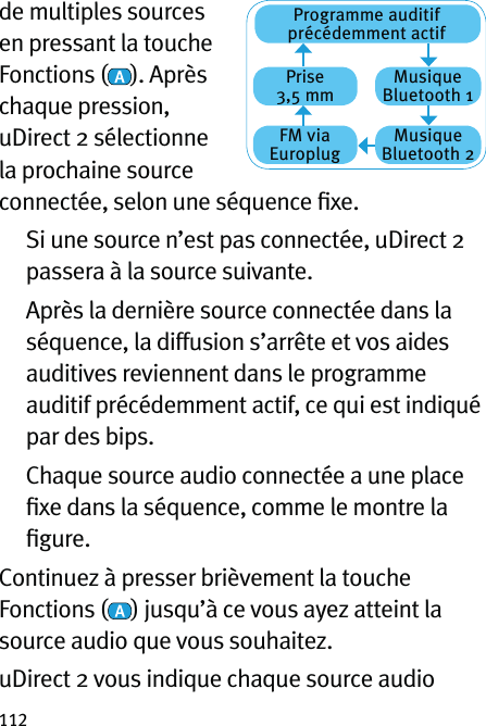 112de multiples sources en pressant la touche Fonctions ( ). Après chaque pression, uDirect 2 sélectionne la prochaine source connectée, selon une séquence ﬁxe.   Si une source n’est pas connectée, uDirect 2 passera à la source suivante.   Après la dernière source connectée dans la séquence, la diffusion s’arrête et vos aides auditives reviennent dans le programme auditif précédemment actif, ce qui est indiqué par des bips.   Chaque source audio connectée a une place ﬁxe dans la séquence, comme le montre la ﬁgure.Continuez à presser brièvement la touche Fonctions ( ) jusqu’à ce vous ayez atteint la source audio que vous souhaitez. uDirect 2 vous indique chaque source audio Programme auditif précédemment actifPrise  3,5 mmFM via EuroplugMusique Bluetooth 1Musique Bluetooth 2