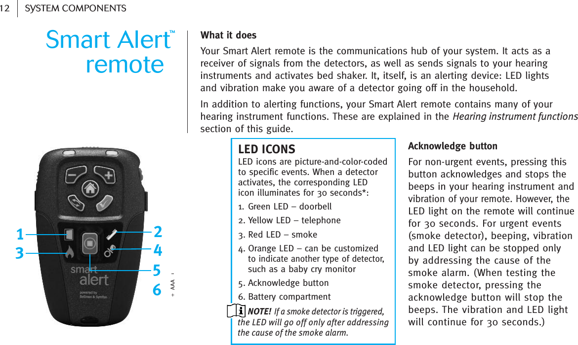 What it does Your Smart Alert remote is the communications hub of your system. It acts as areceiver of signals from the detectors, as well as sends signals to your hearinginstruments and activates bed shaker. It, itself, is an alerting device: LED lights and vibration make you aware of a detector going off in the household.In addition to alerting functions, your Smart Alert remote contains many of yourhearing instrument functions. These are explained in the Hearing instrument functionssection of this guide. Smart Alert™remote LED ICONS123456 12 SYSTEM COMPONENTSLED icons are picture-and-color-coded to specific events. When a detectoractivates, the corresponding LED icon illuminates for 30 seconds*:1. Green LED – doorbell2. Yellow LED – telephone3. Red LED – smoke4. Orange LED – can be customized to indicate another type of detector,such as a baby cry monitor5. Acknowledge button6. Battery compartmentAcknowledge buttonFor non-urgent events, pressing thisbutton acknowledges and stops thebeeps in your hearing instrument andvibration of your remote. However, theLED light on the remote will continuefor 30 seconds. For urgent events(smoke detector), beeping, vibrationand LED light can be stopped only by addressing the cause of the smoke alarm. (When testing thesmoke detector, pressing theacknowledge button will stop thebeeps. The vibration and LED lightwill continue for 30 seconds.)NOTE!If a smoke detector is triggered,the LED will go off only after addressingthe cause of the smoke alarm.